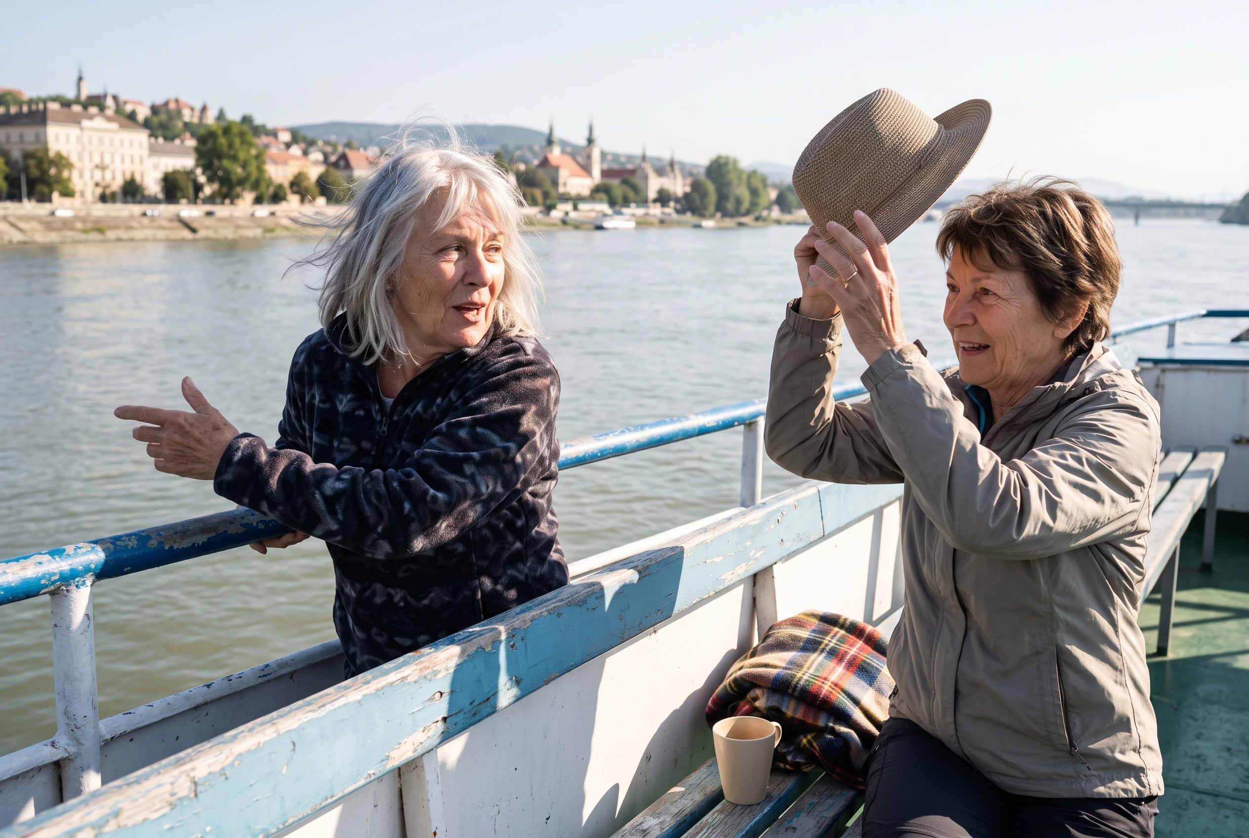 An older woman leans on a Danube riverboat’s rail, watching a town come into view.