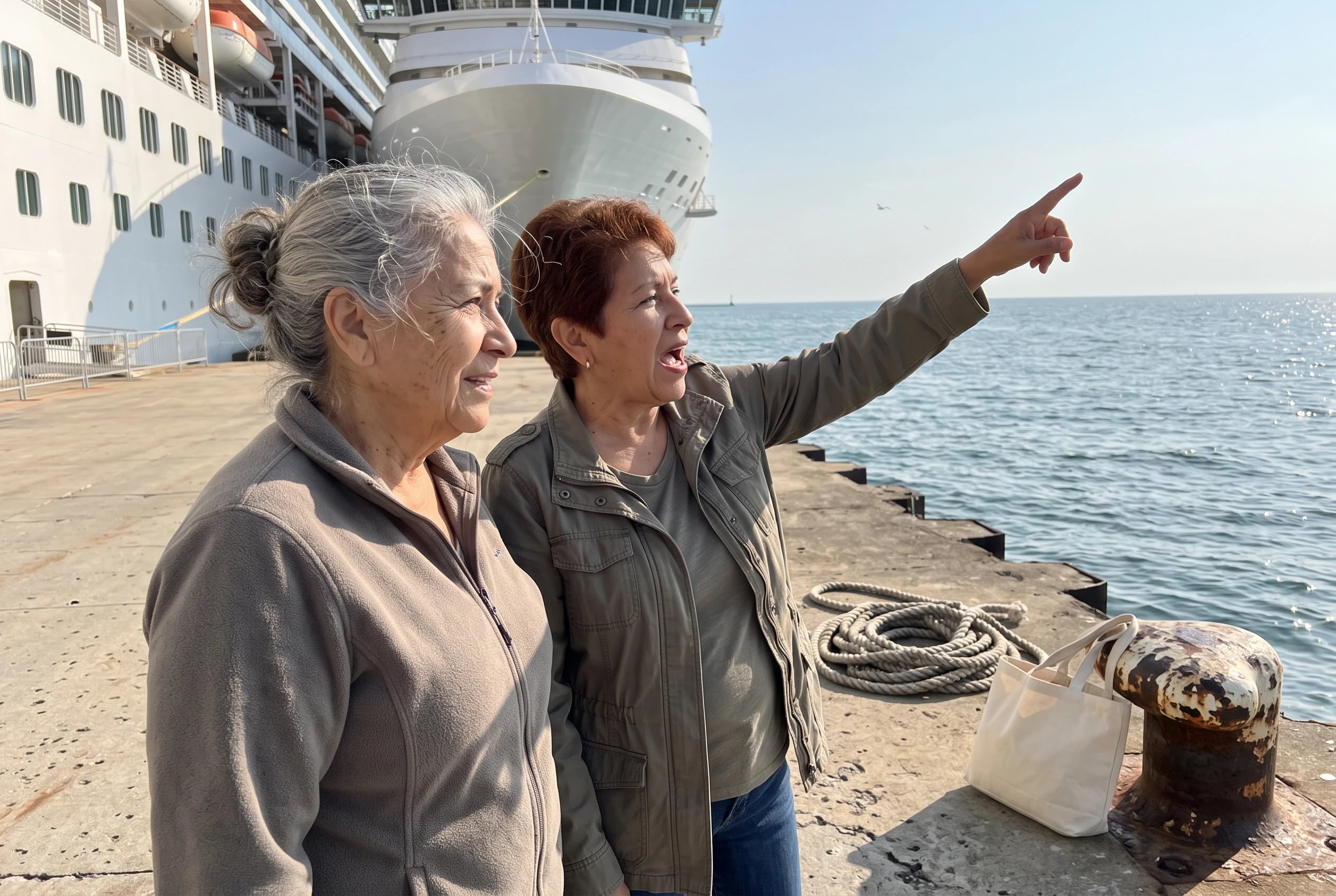 An older woman stands beside a docked Victory cruise ship, looking out across a Great Lake.