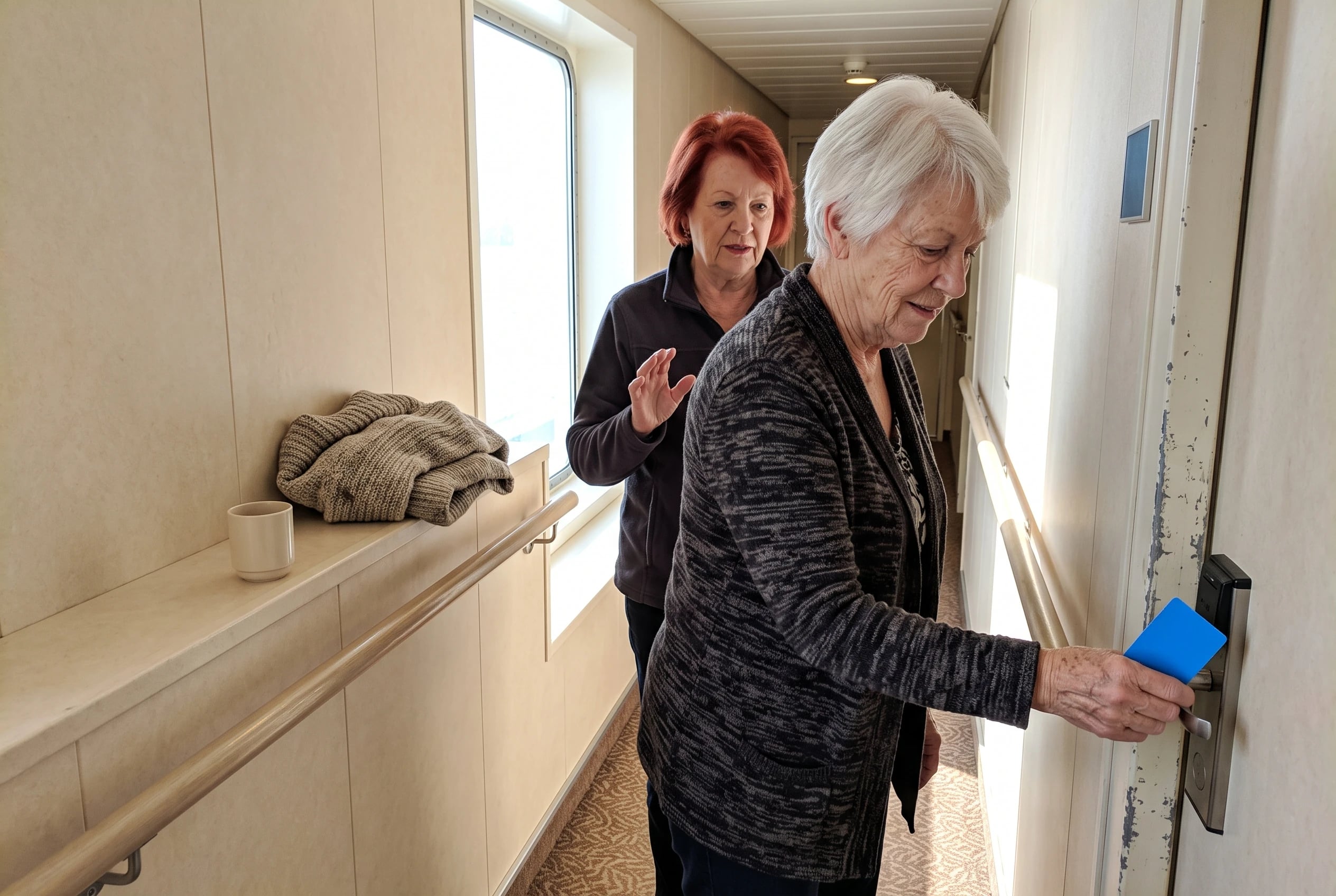 An older woman opens the door to a Norwegian Studio Lounge with her keycard.