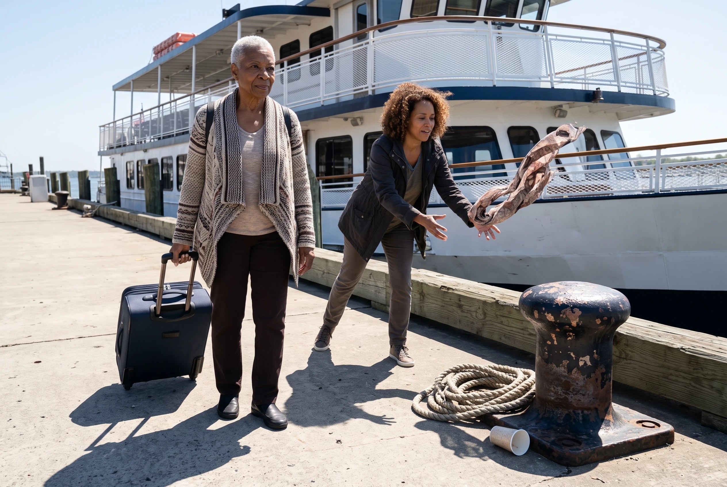 An older woman rolls a suitcase toward an American Cruise Lines ship at a U.S. waterfront.