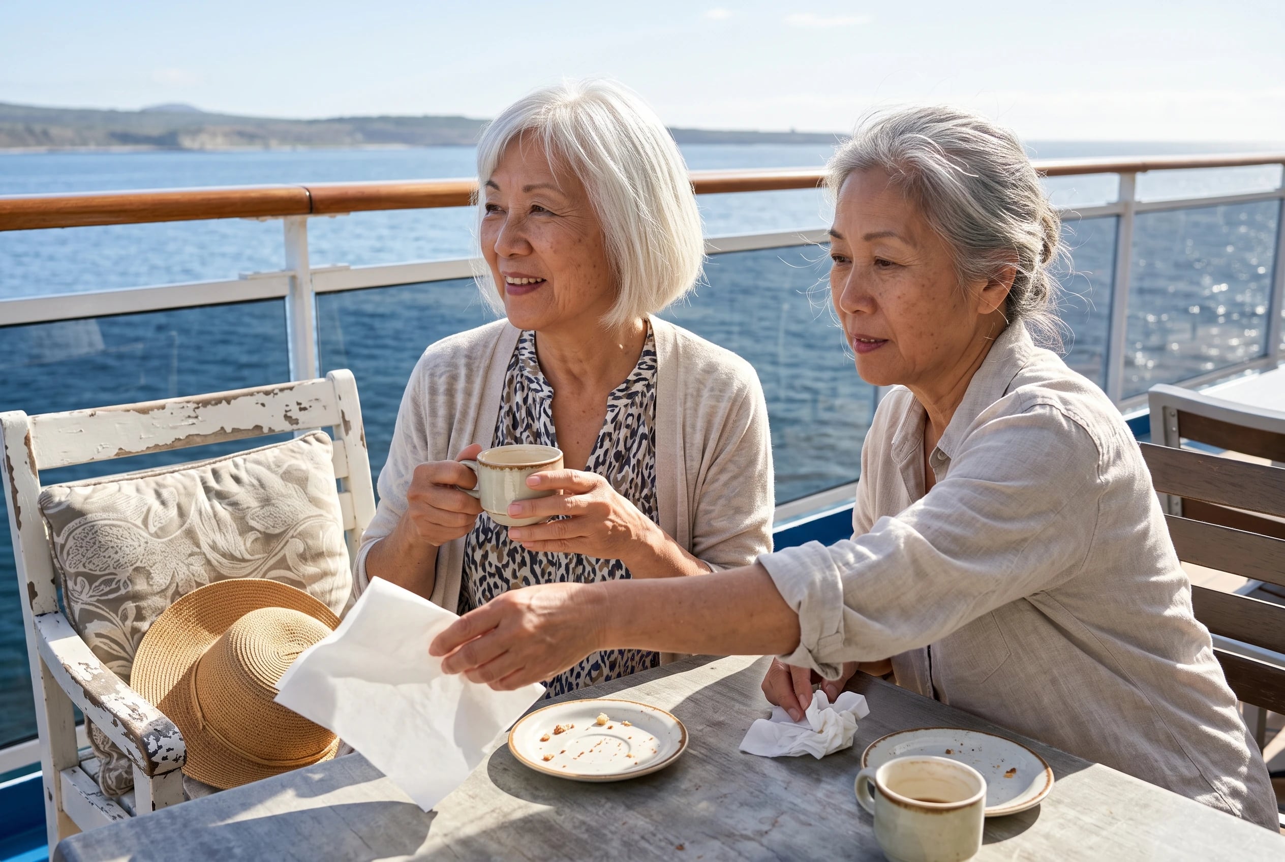 An older woman sits on a Viking ocean ship veranda with a cup of coffee and the shoreline in view.