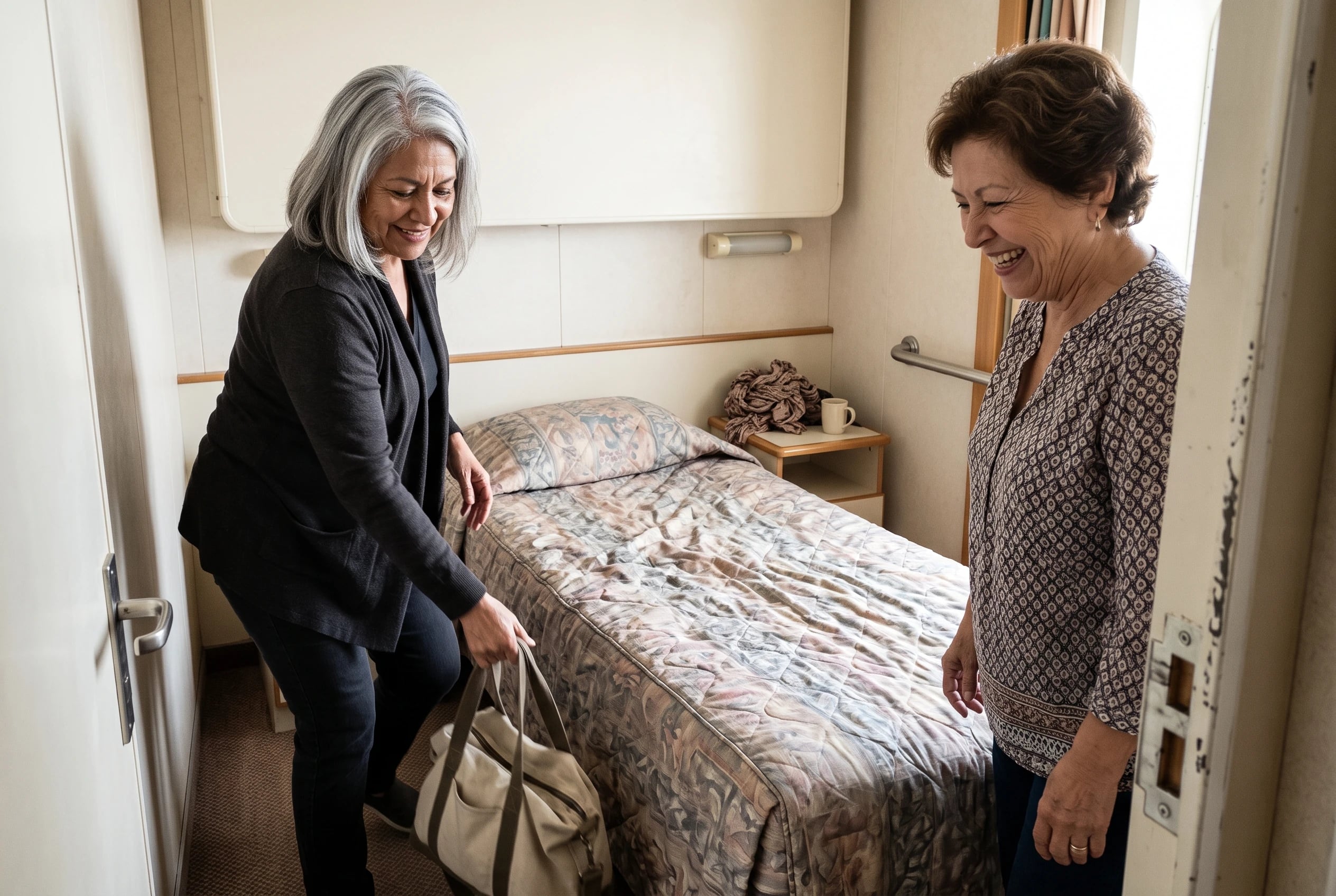 An older woman steps into a suite on Celebrity Millennium and sets her overnight bag beside the bed.