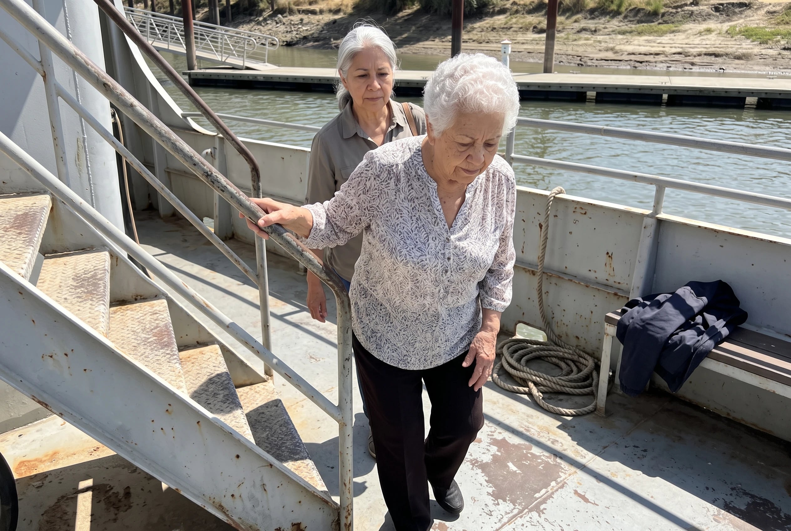 An older woman tests the stairs on a docked Tauck riverboat while holding the handrail.