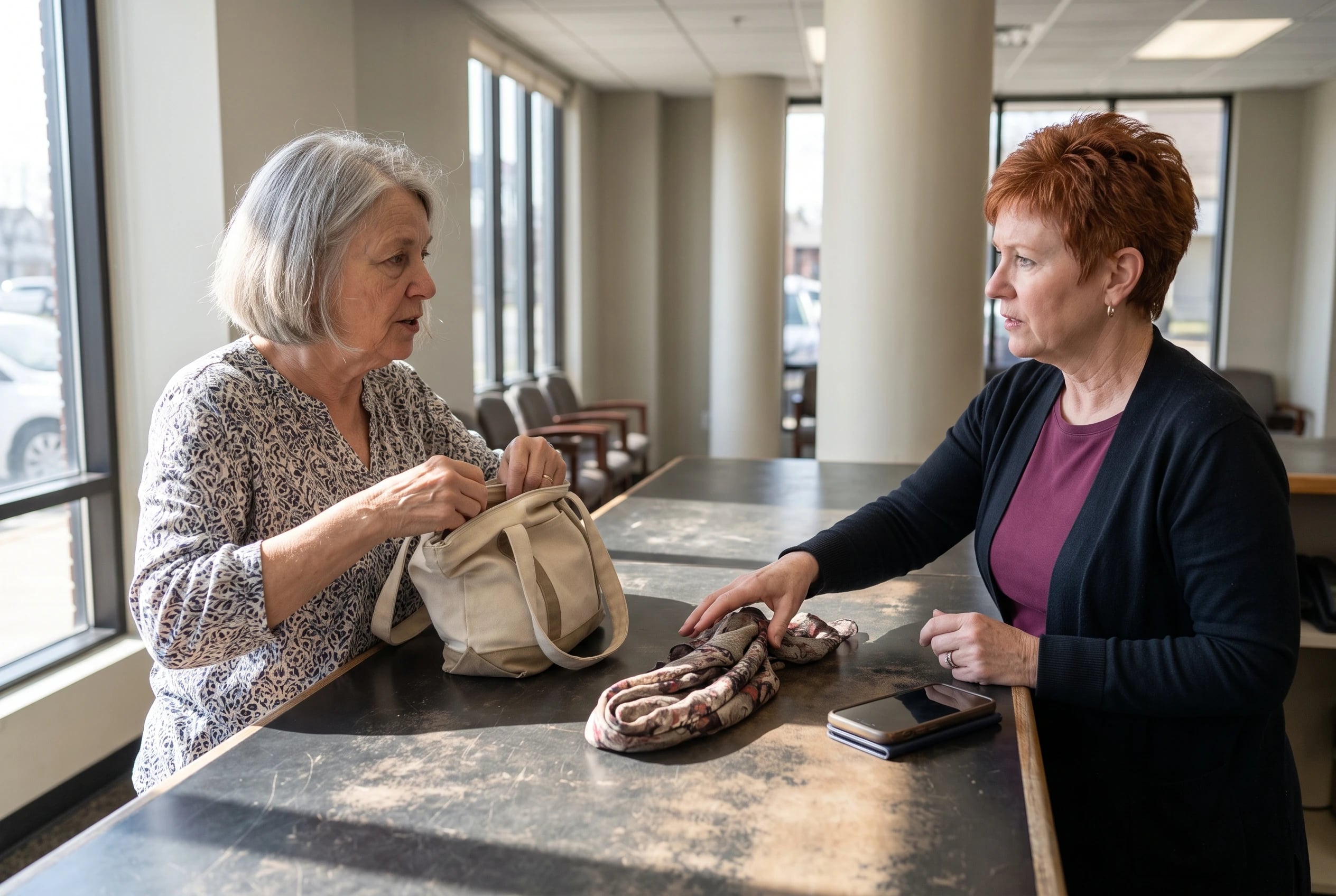 An older woman speaks with a booking agent at a cruise sales counter.