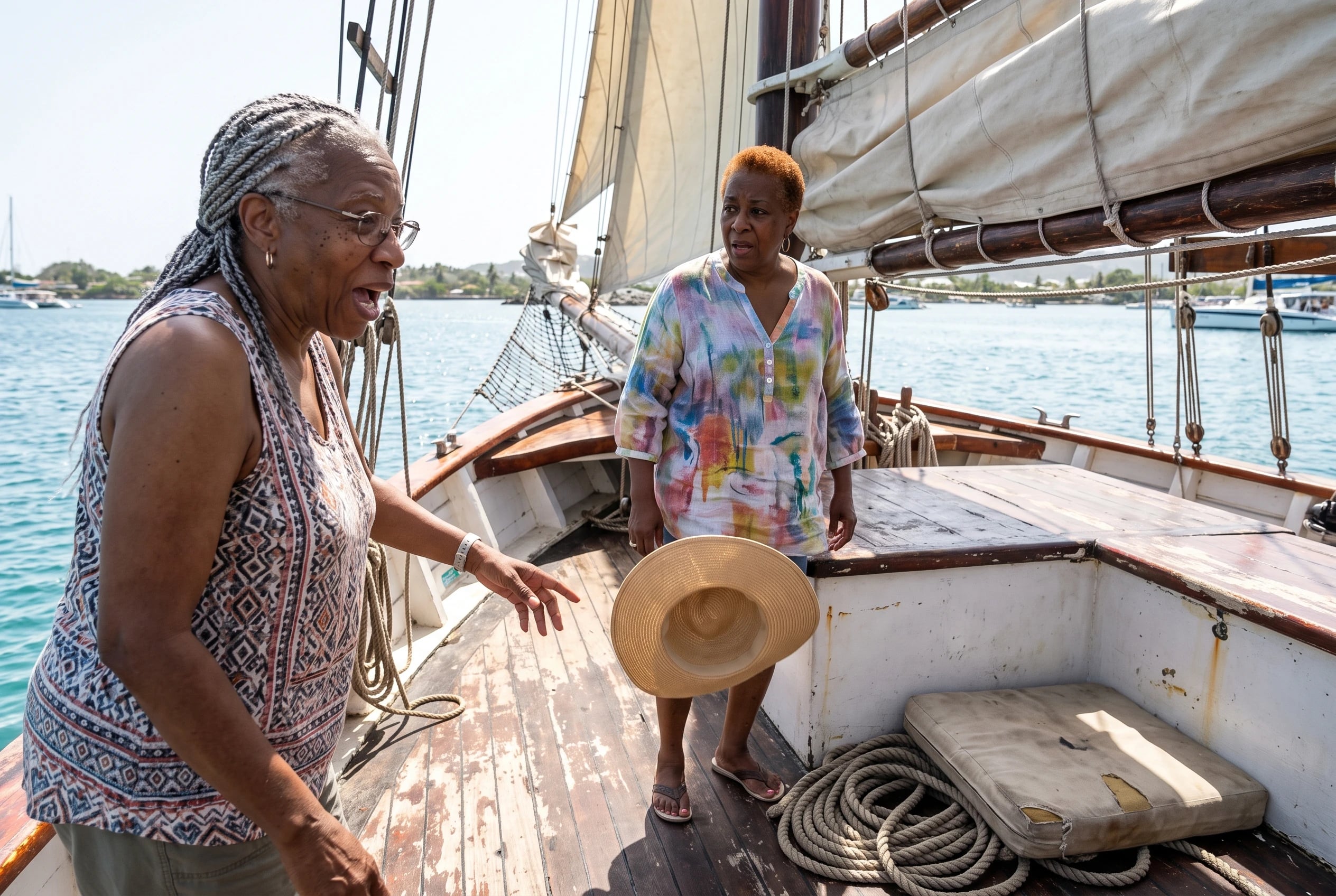 An older woman stands beneath the sails of a Sea Cloud ship in a Caribbean harbor.