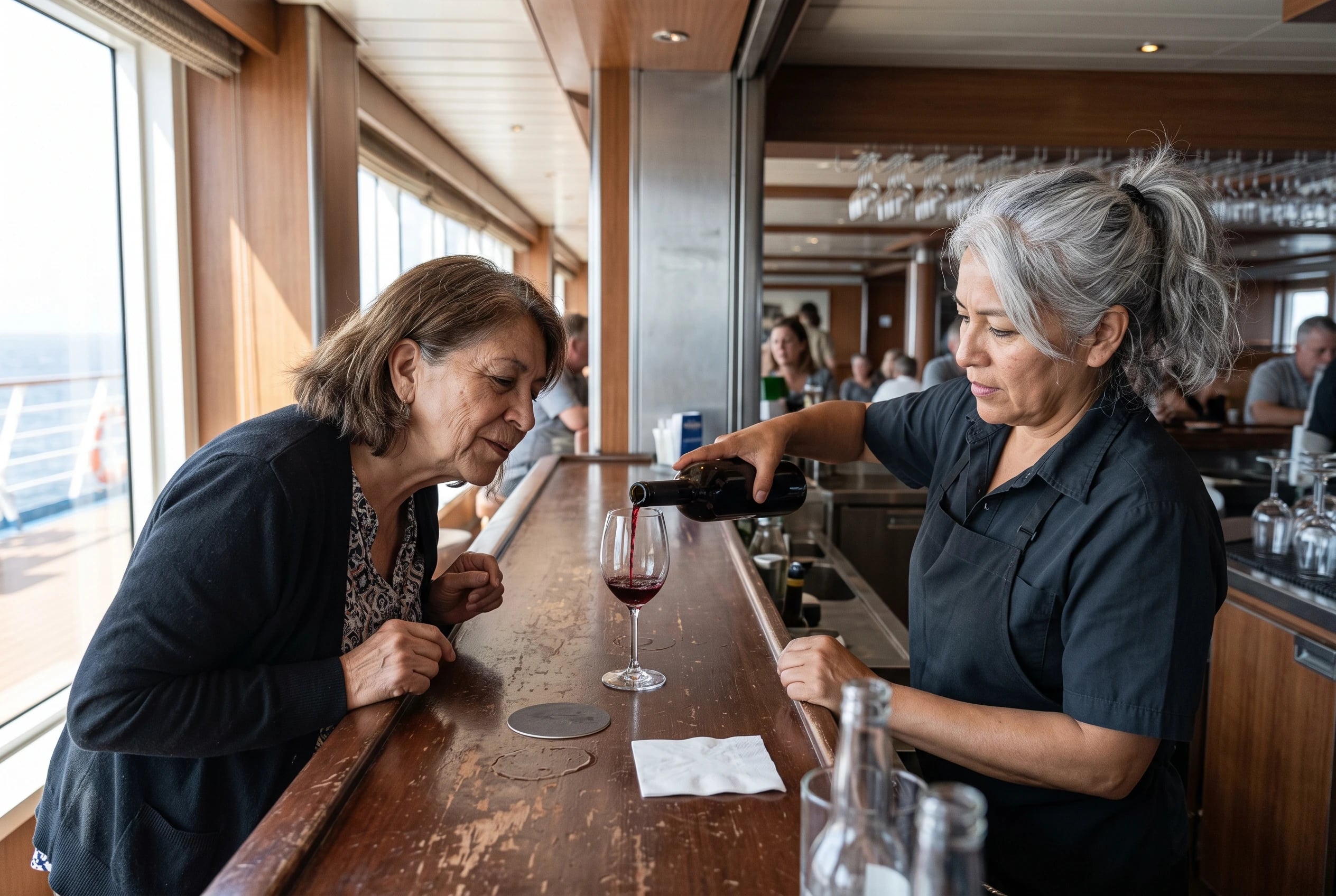 An older woman stands at an Azamara ship’s bar as a bartender pours her a glass of wine.
