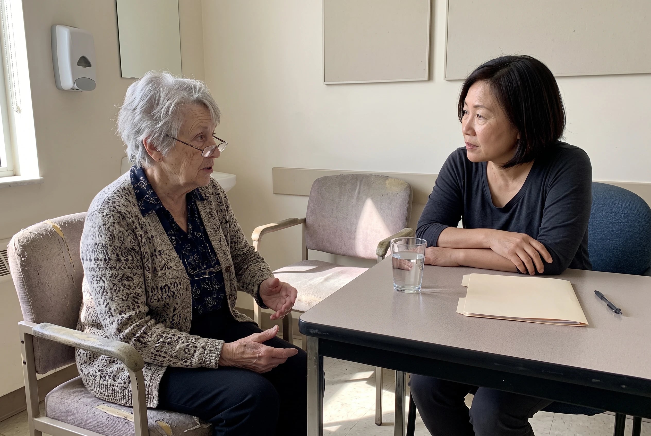 Older woman speaking with a study coordinator in a clinic consultation room.