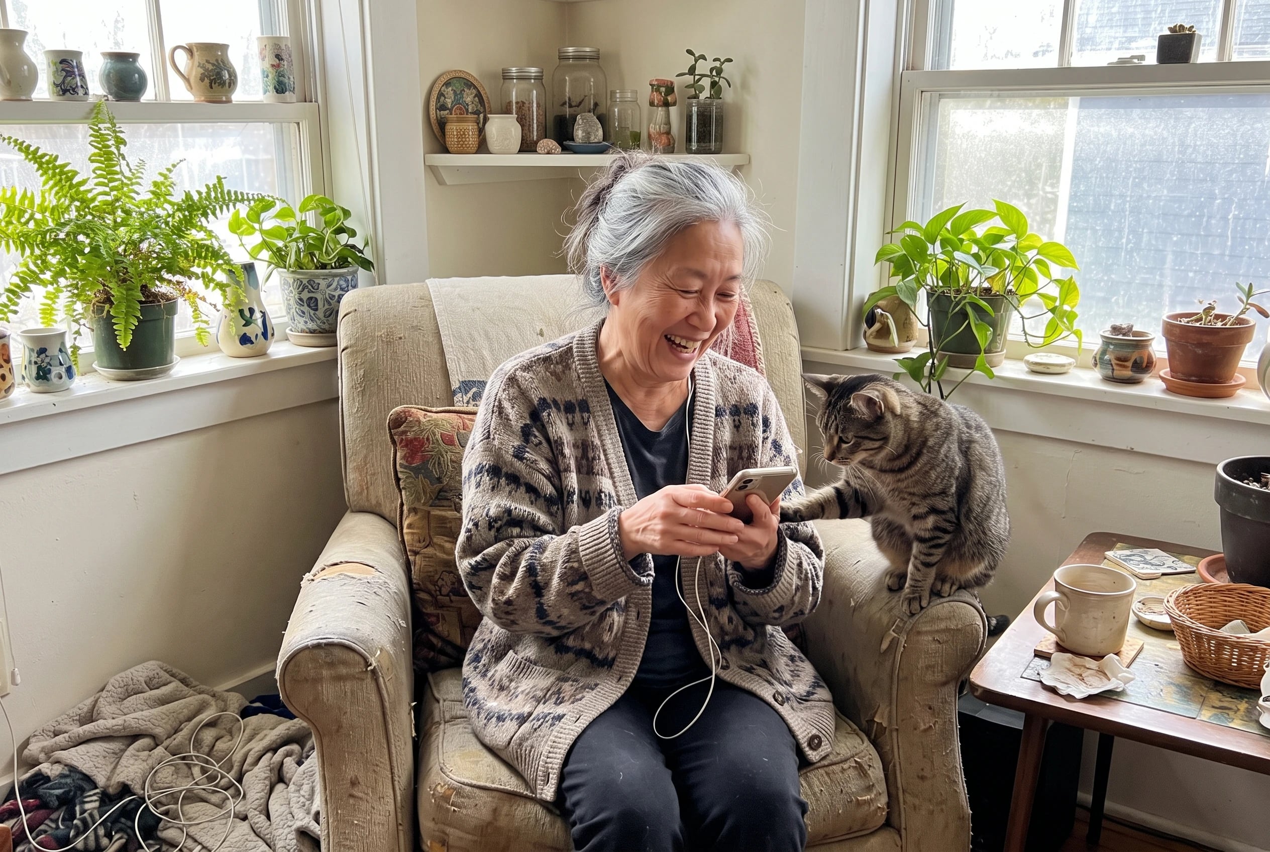Older woman recording a voice message for her newsletter in a sunny reading nook.