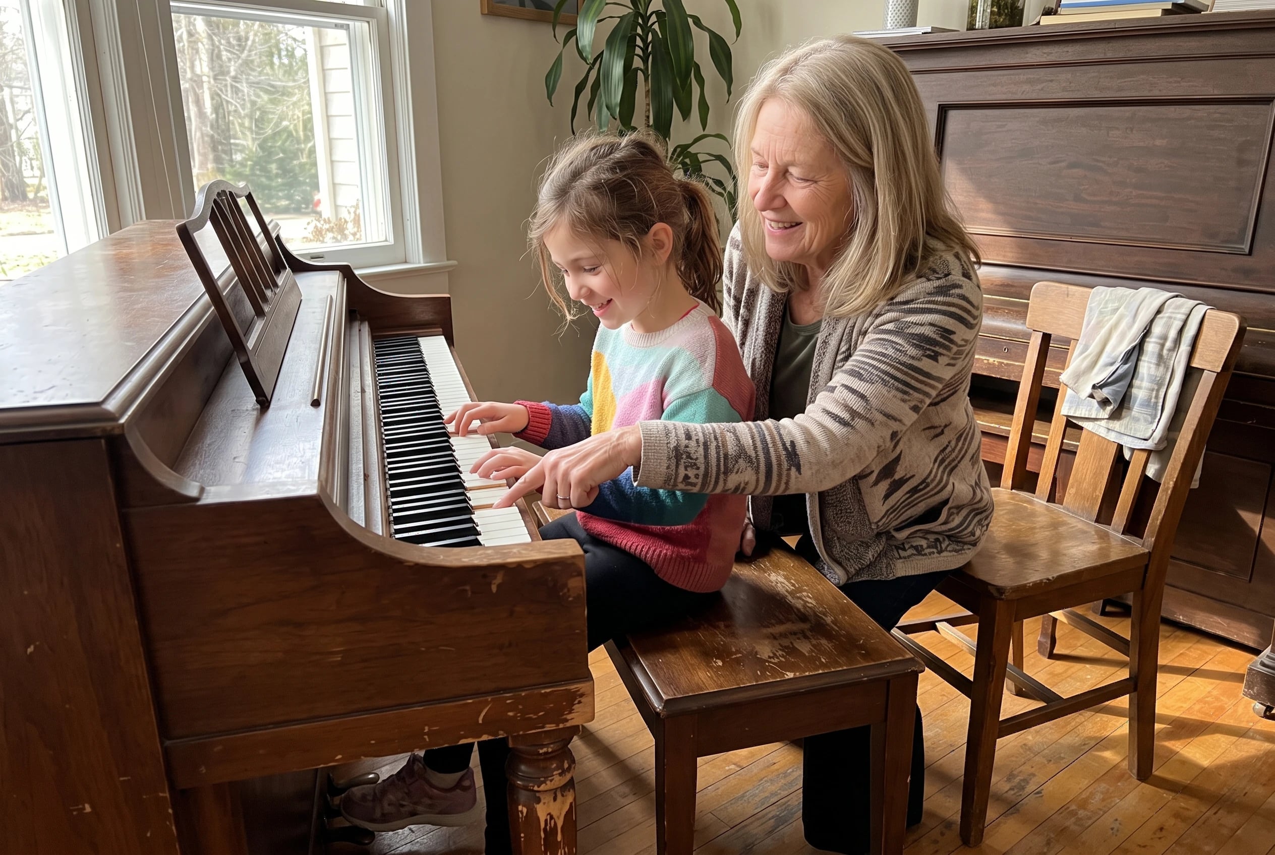 Older woman showing a student where to place her fingers on a piano keyboard in a music room.