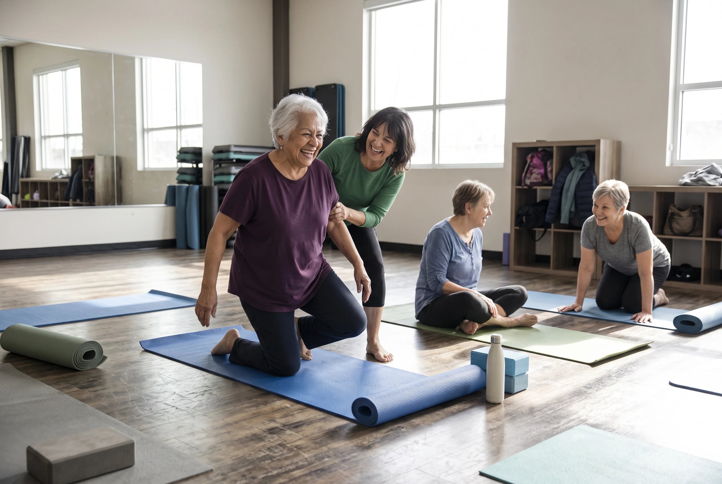 Older woman demonstrating a stretch to a small group in a fitness studio.