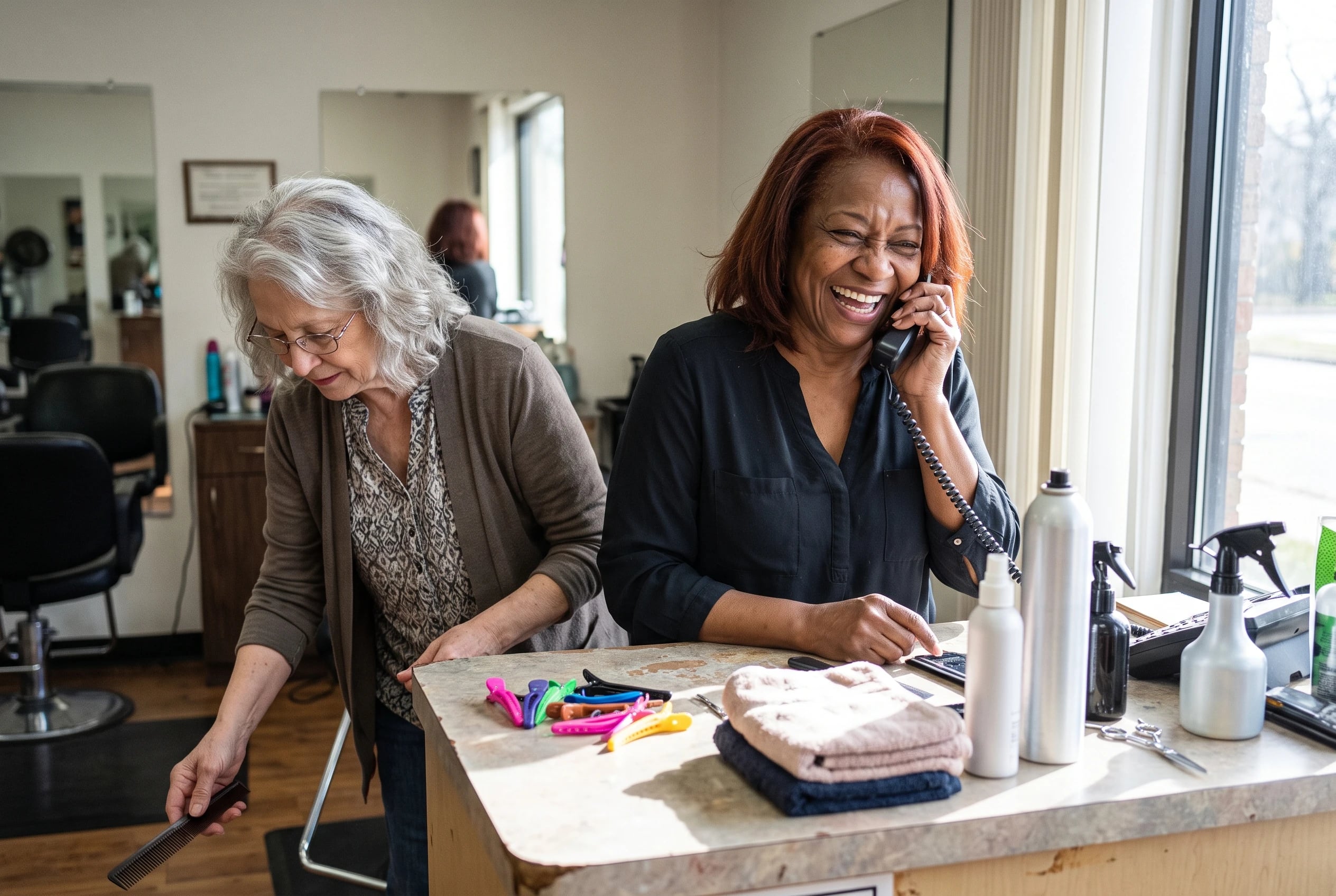 Older woman answering appointment calls behind the counter of a neighborhood salon.