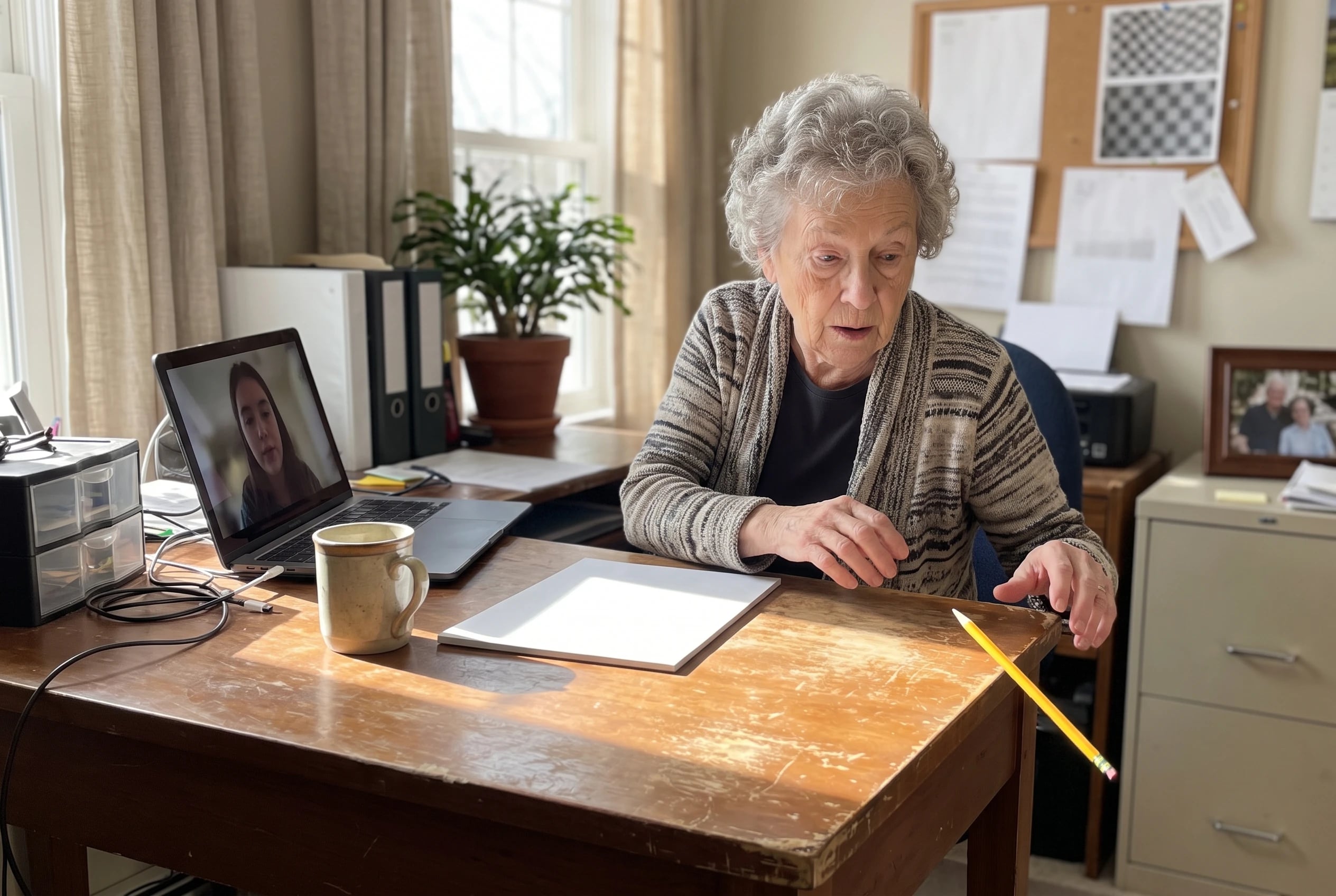 Older woman explaining a math problem to a student on a video call from her home office.
