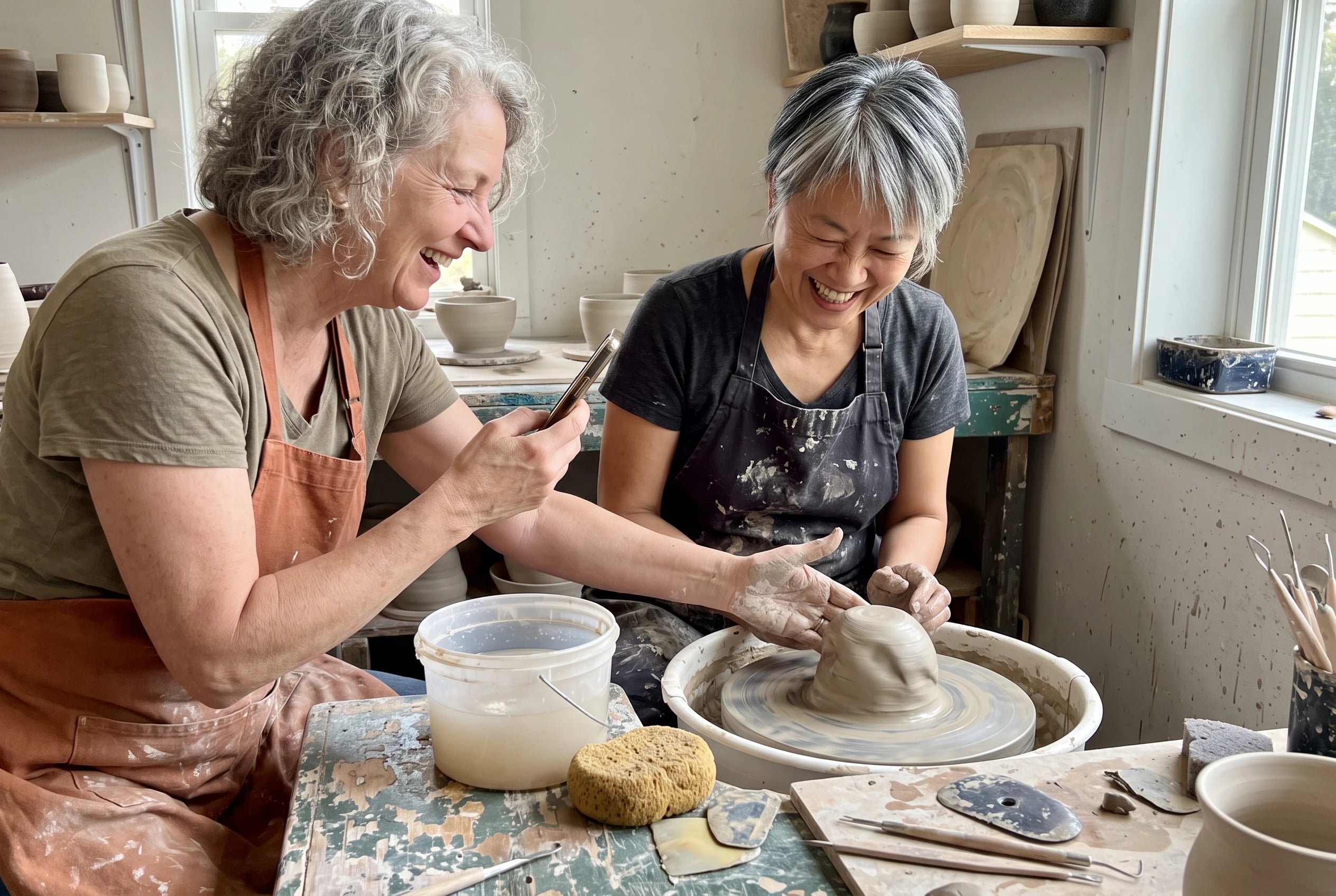 Older woman filming a pottery lesson at a workbench in her studio.
