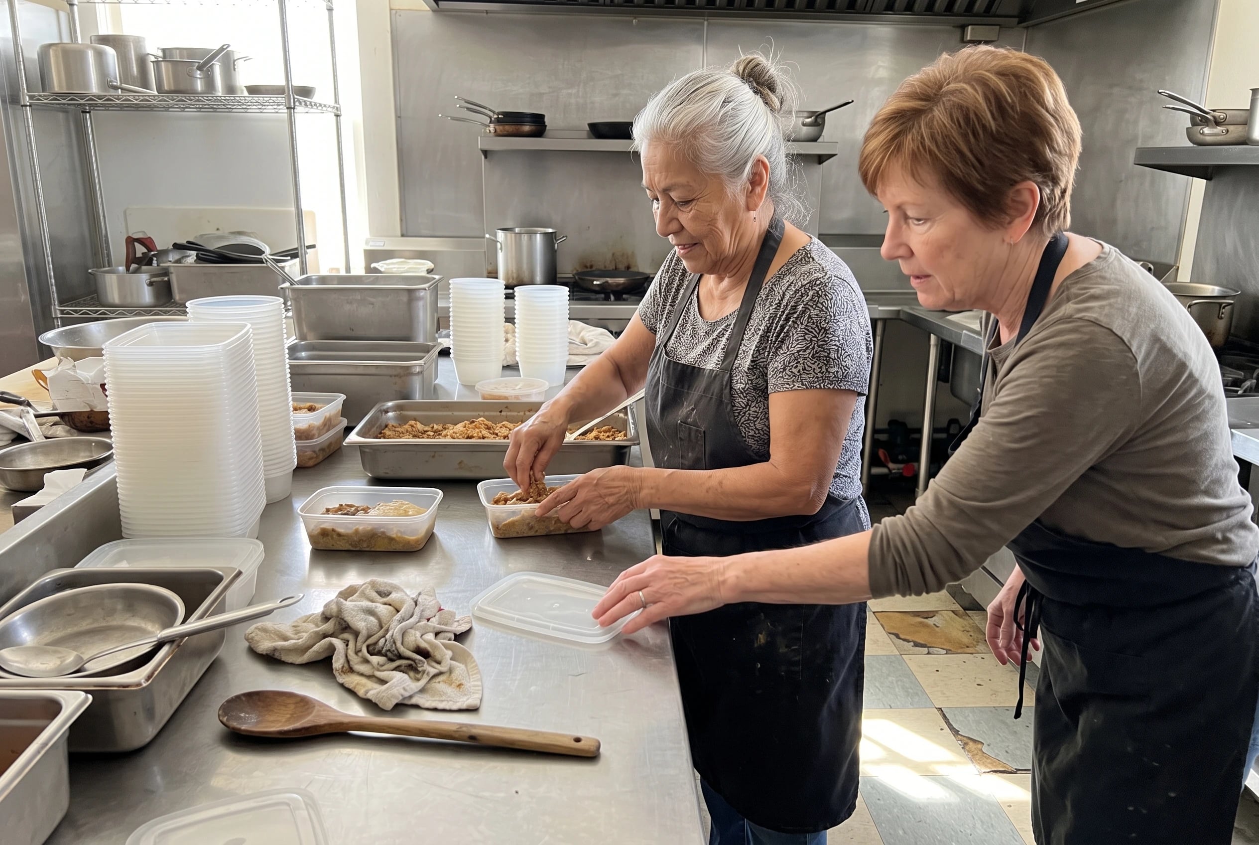 Older woman packing prepared meals at the counter of a permitted commercial kitchen.