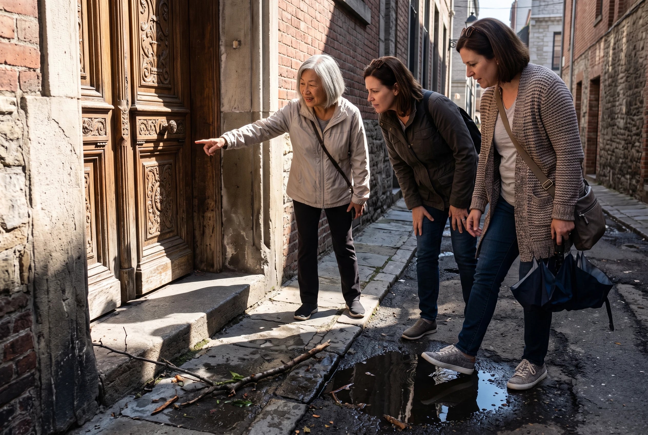 Older woman pointing out a carved doorway to visitors on a neighborhood walking tour.