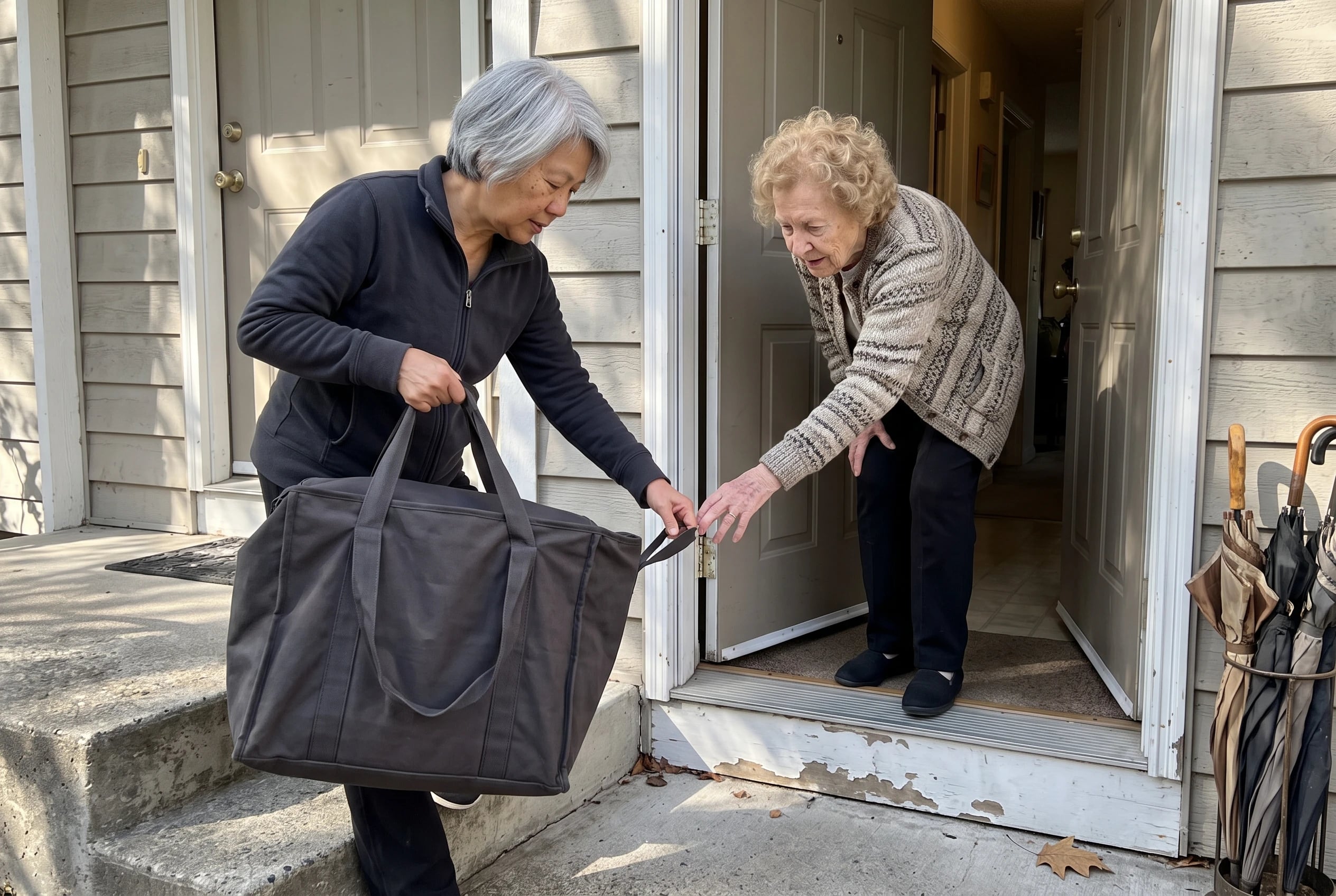 Older woman carrying a food delivery bag to the front door of a townhouse.