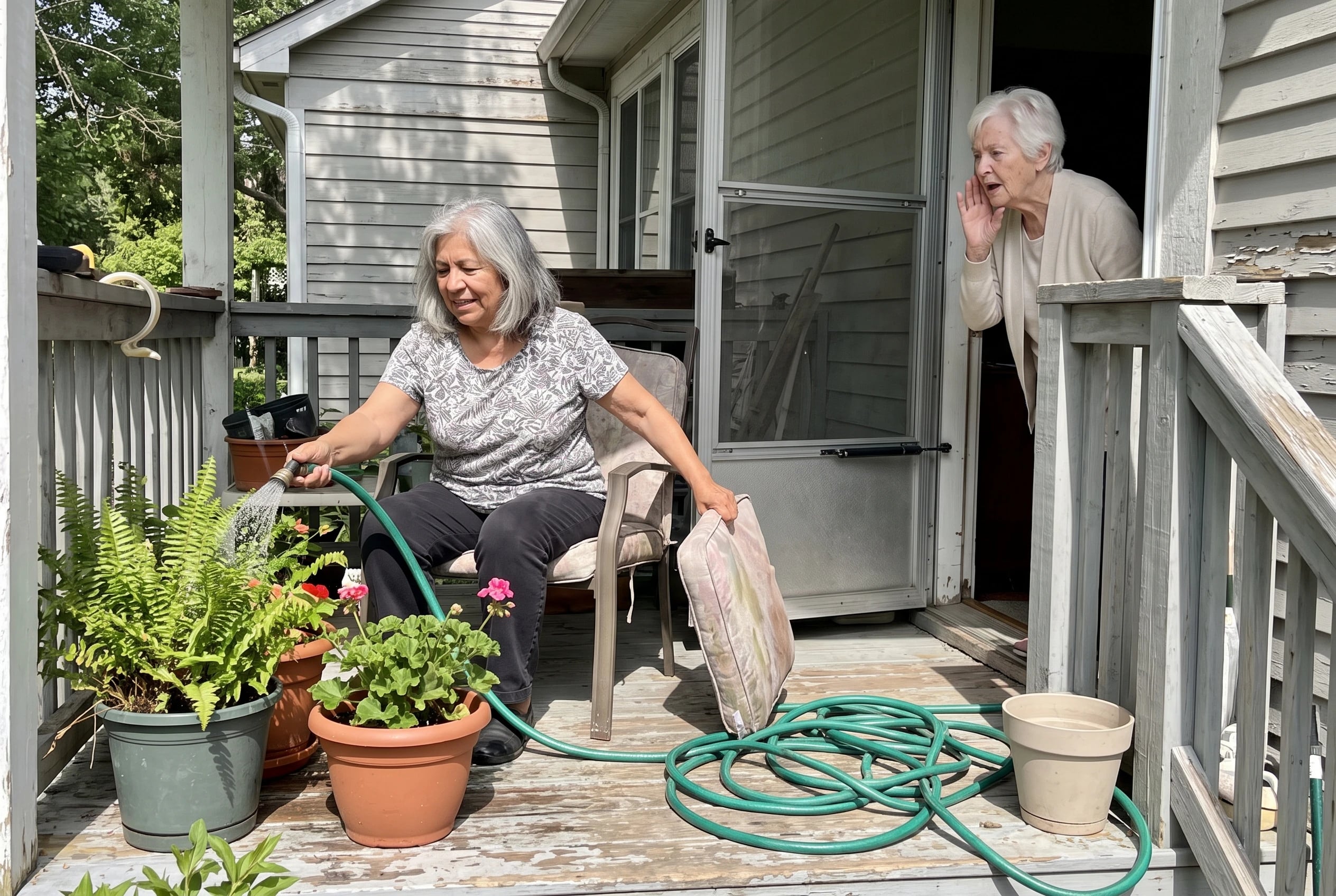 Older woman watering porch plants outside the house where she is sitting.