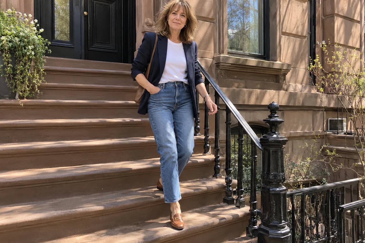 A woman in her sixties walks down brownstone steps in a navy blazer, white tee, jeans and tan loafers.