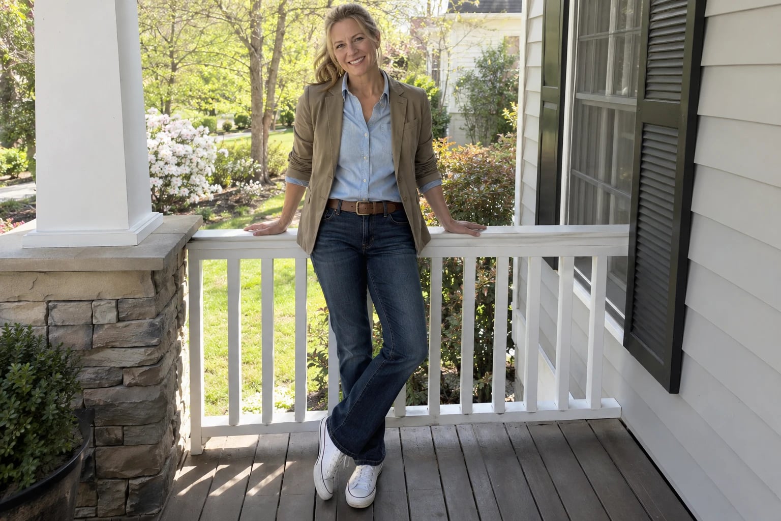 A woman in her fifties leans on a white porch railing wearing a khaki blazer, chambray shirt, jeans and sneakers.