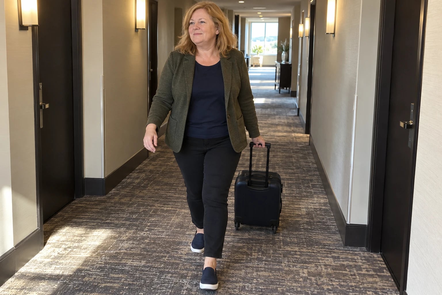 A woman in her sixties walks a hotel corridor pulling a carry-on in an olive knit blazer and black jeans.