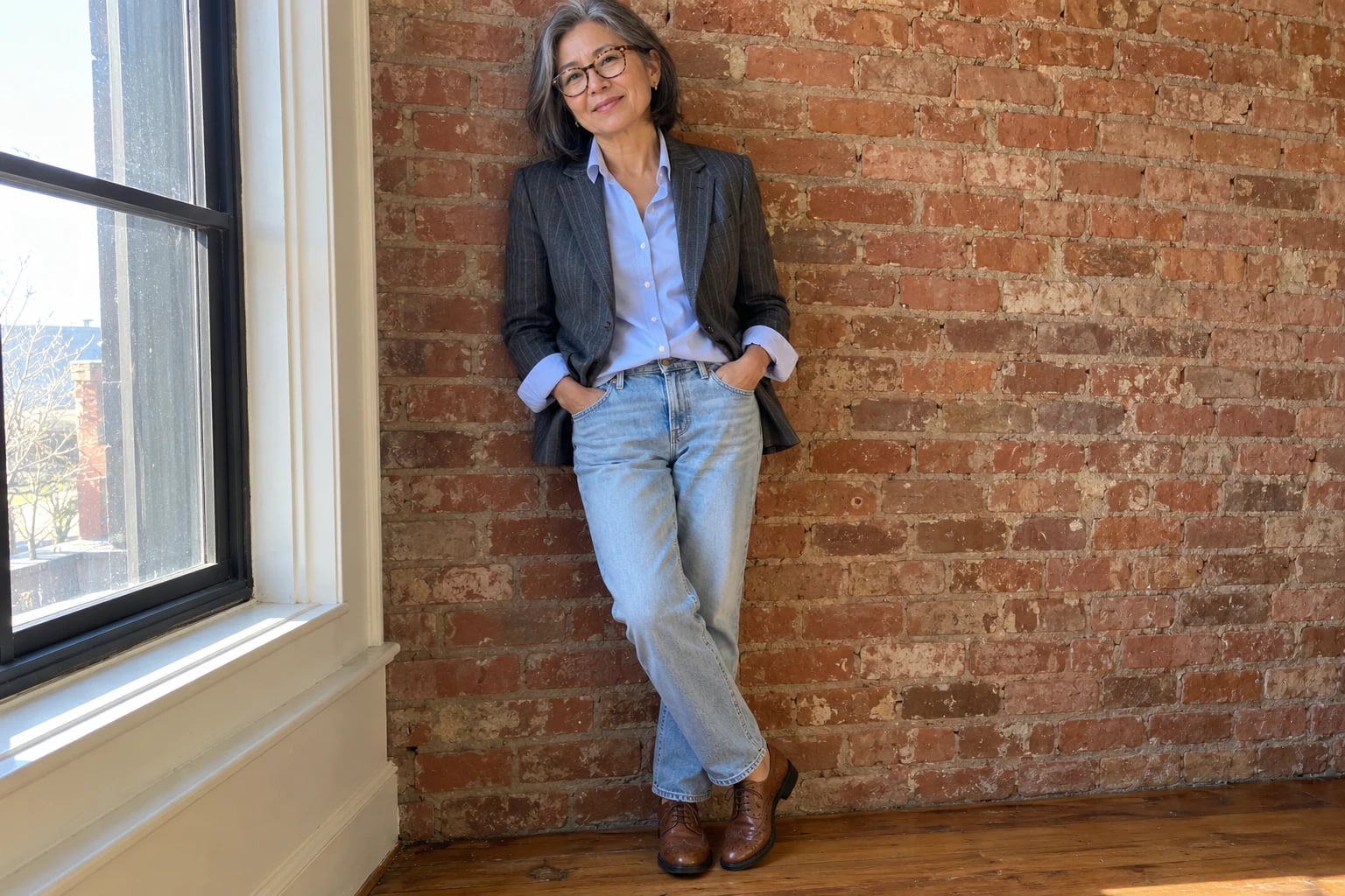 A woman in her late fifties leans against a brick wall in a pinstripe blazer, pale shirt, and faded jeans.