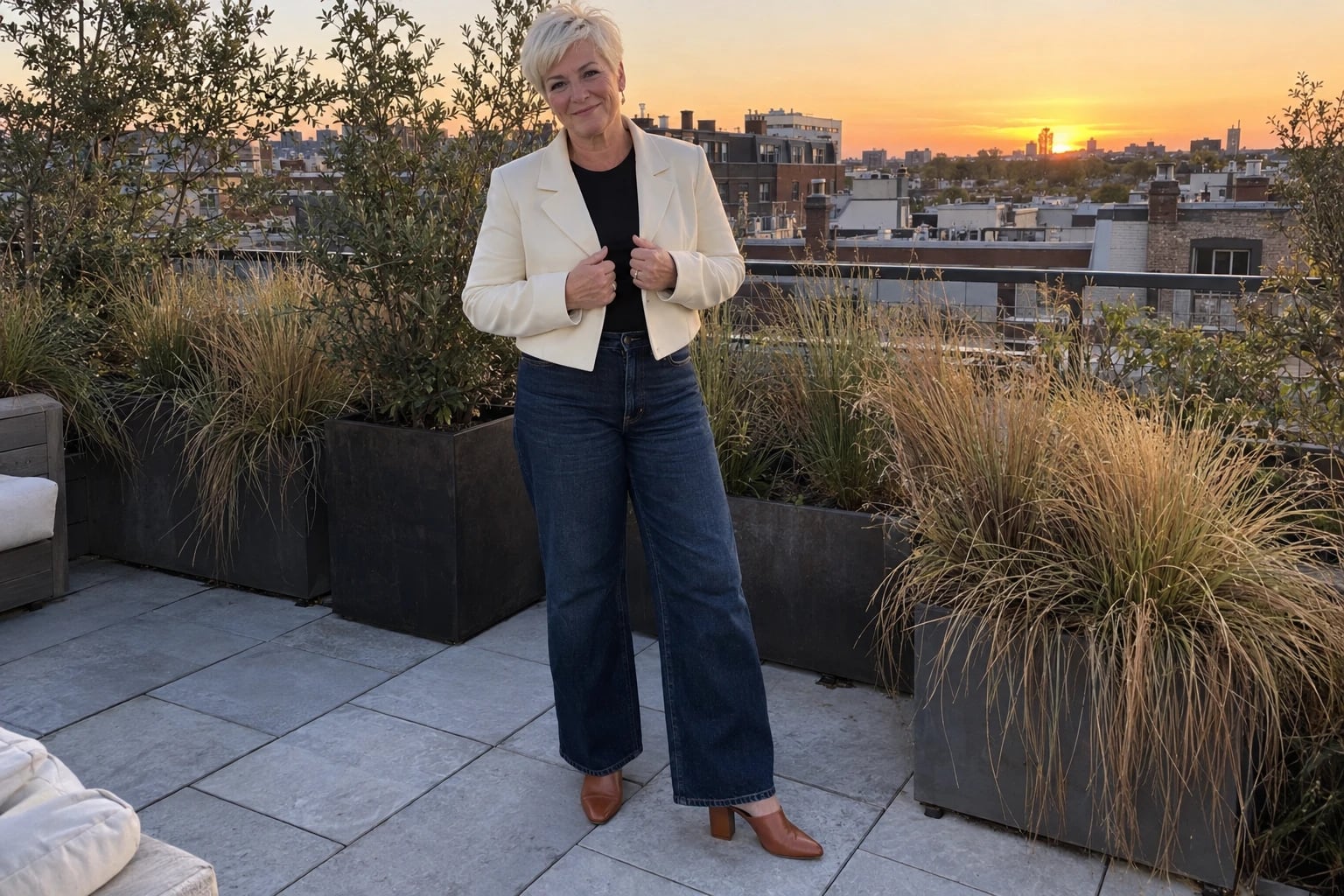 A short-haired woman in her fifties wears a cream cropped blazer, dark wide-leg jeans and tan mules on a rooftop terrace at sunset.