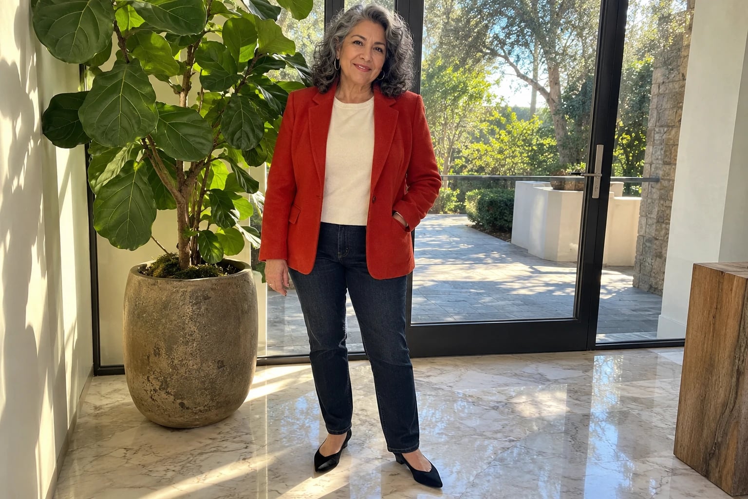 A woman in her sixties stands by a fig tree in a tomato-red blazer, cream tee and dark jeans.