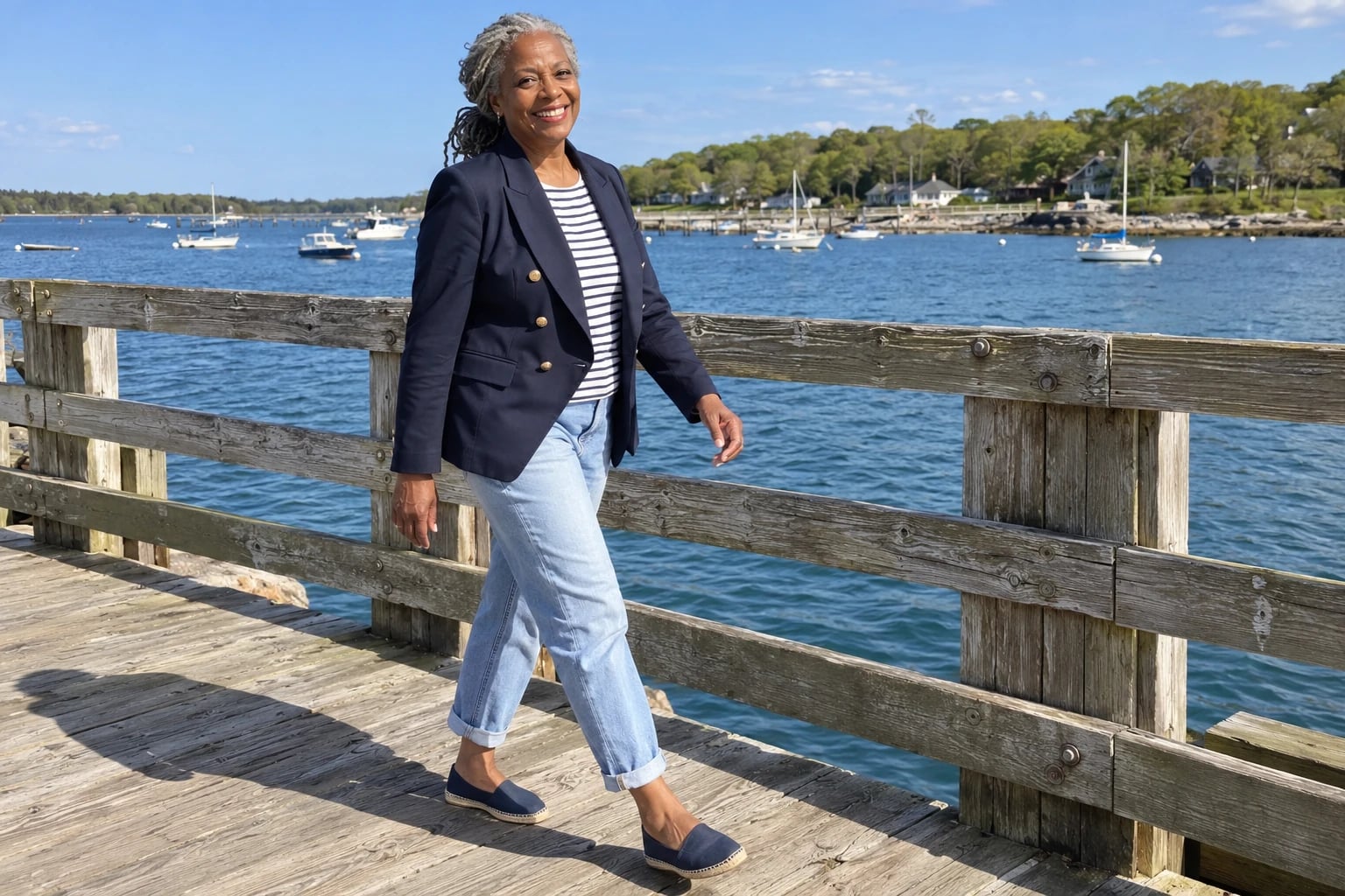 A smiling woman in her late fifties walks a wooden pier in a navy blazer, striped tee, rolled jeans and espadrilles.