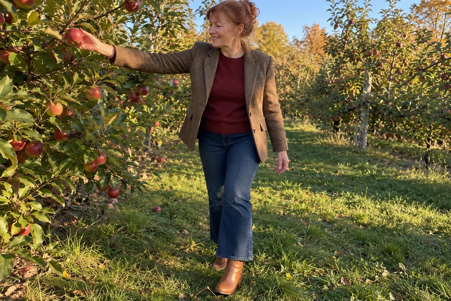 A woman in her sixties picks an apple in an orchard wearing a brown tweed blazer, burgundy sweater and flared jeans.