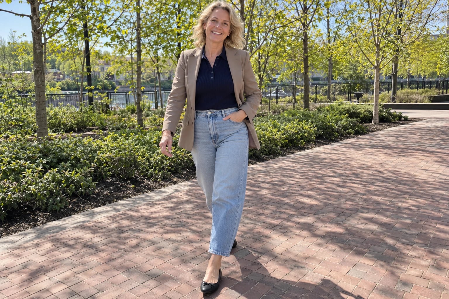 A woman in her late fifties strolls down a brick path in a taupe blazer, navy polo, light-wash barrel jeans and black flats.