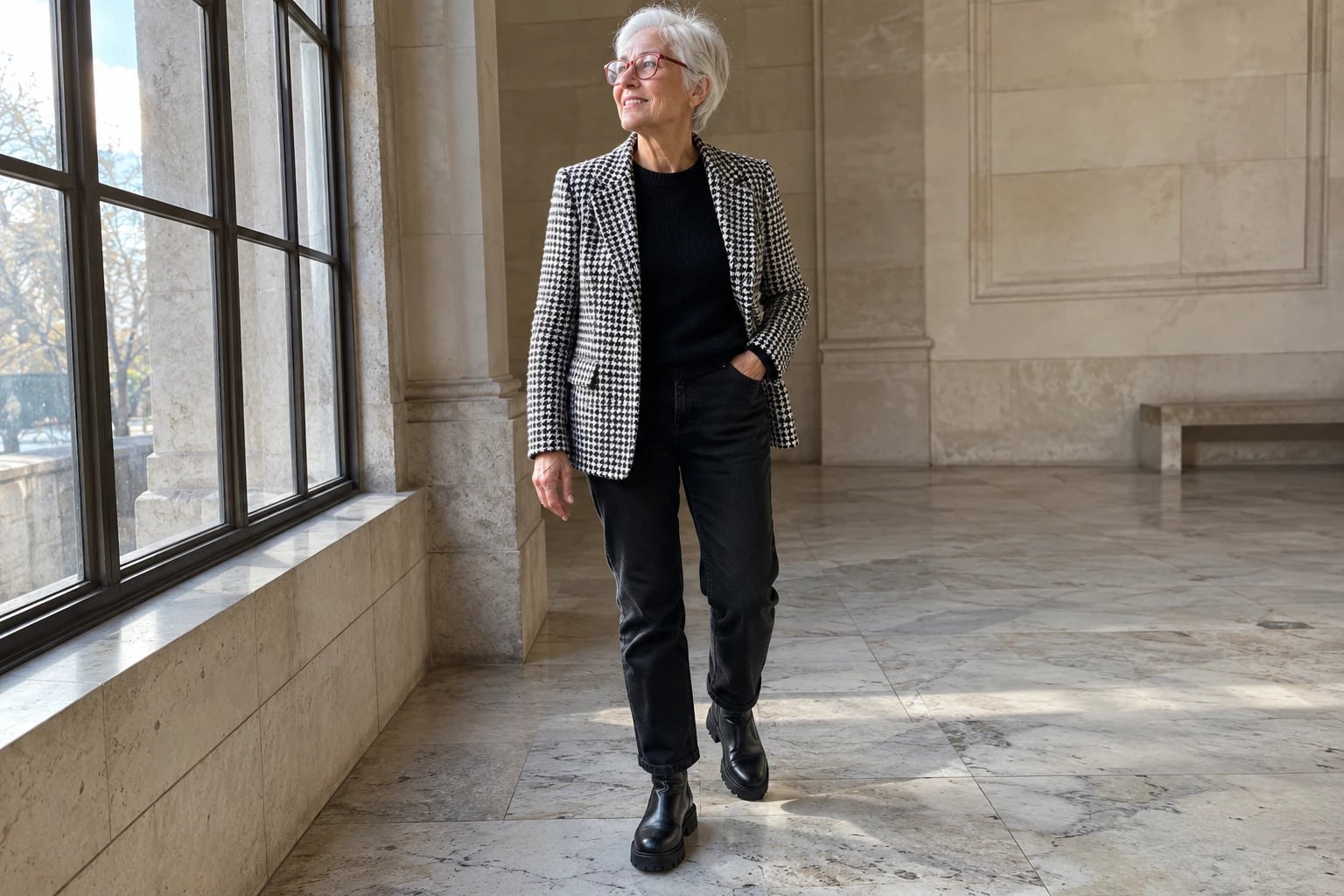 A woman in her mid-sixties with short white hair and pink glasses walks in a stone hall wearing a houndstooth blazer, black sweater, black jeans and black lug-sole boots.