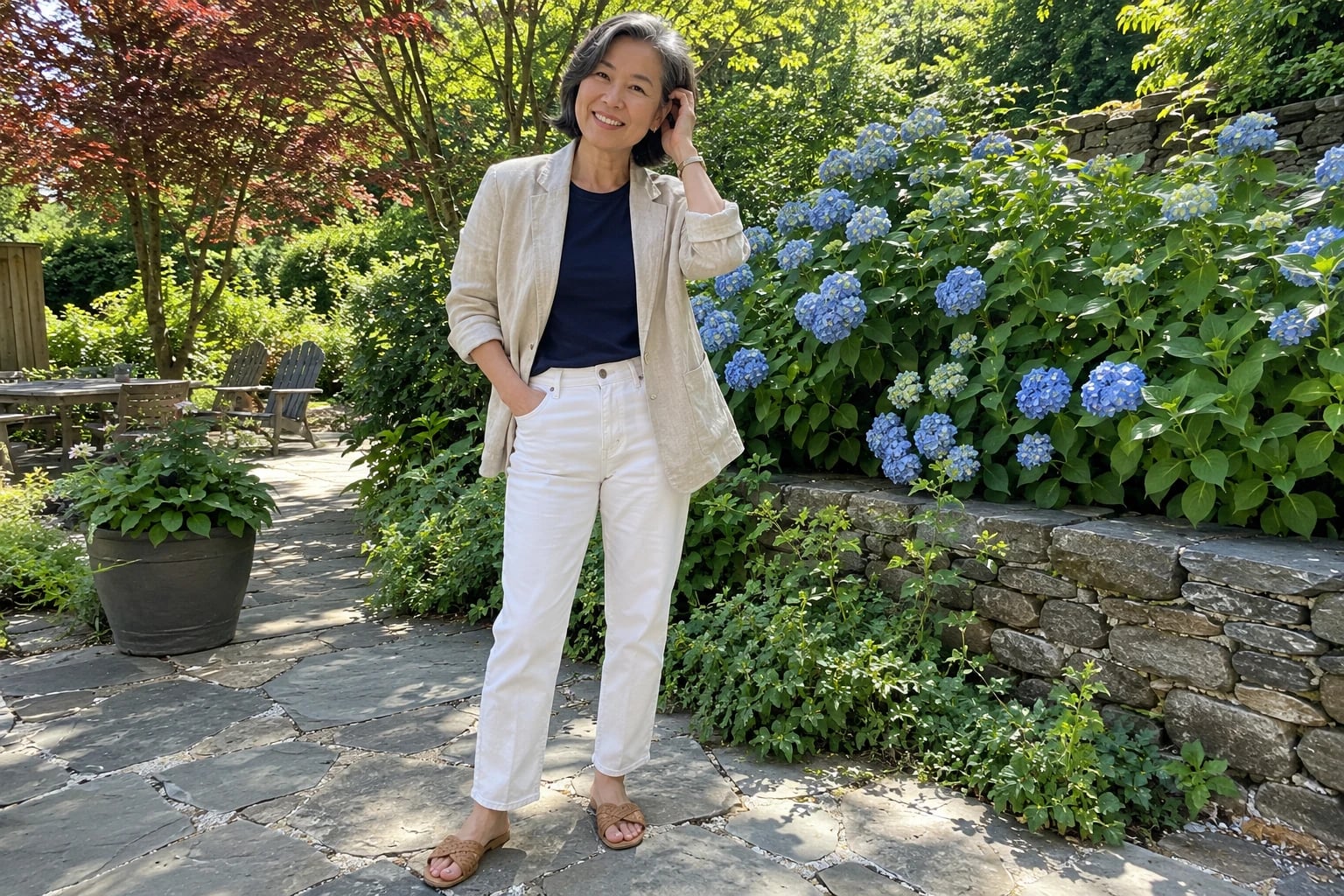 A woman in her mid-fifties stands on a stone patio beside blue hydrangeas, wearing an oatmeal linen blazer, navy tee, white jeans and tan slides.
