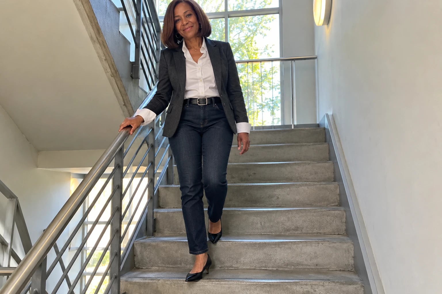 A woman in her late fifties walks down a concrete stairwell in a charcoal blazer, white shirt and dark jeans.