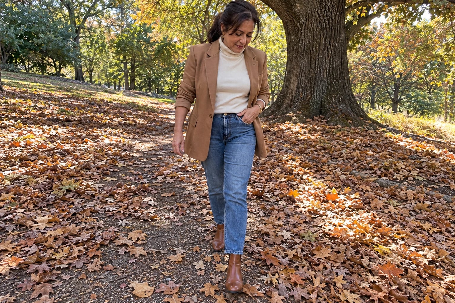 A woman in her fifties walks a leaf-strewn path in a camel blazer, cream turtleneck, jeans and cognac boots.