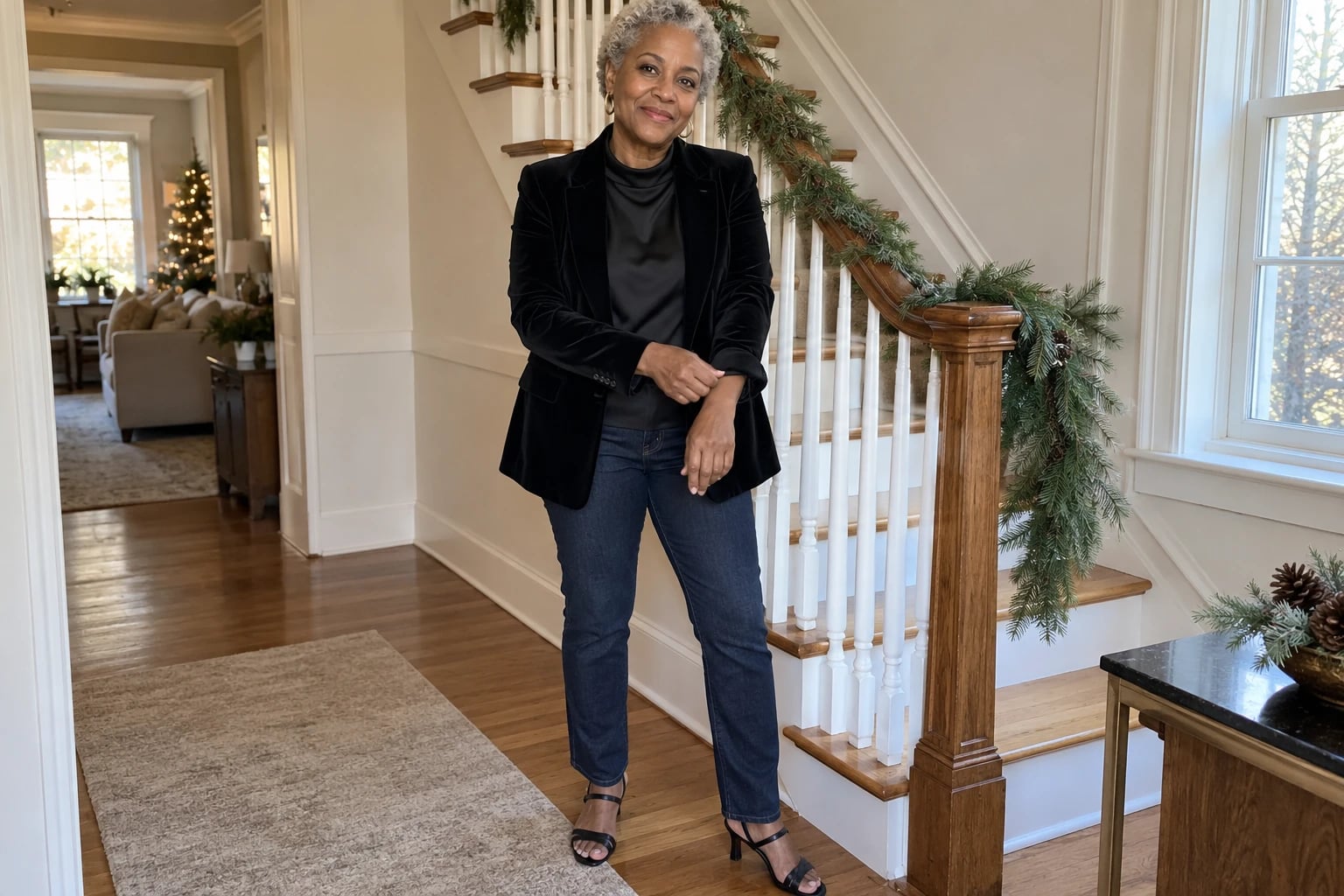 A woman in her sixties stands by a pine-garland staircase in a black velvet blazer and dark jeans.