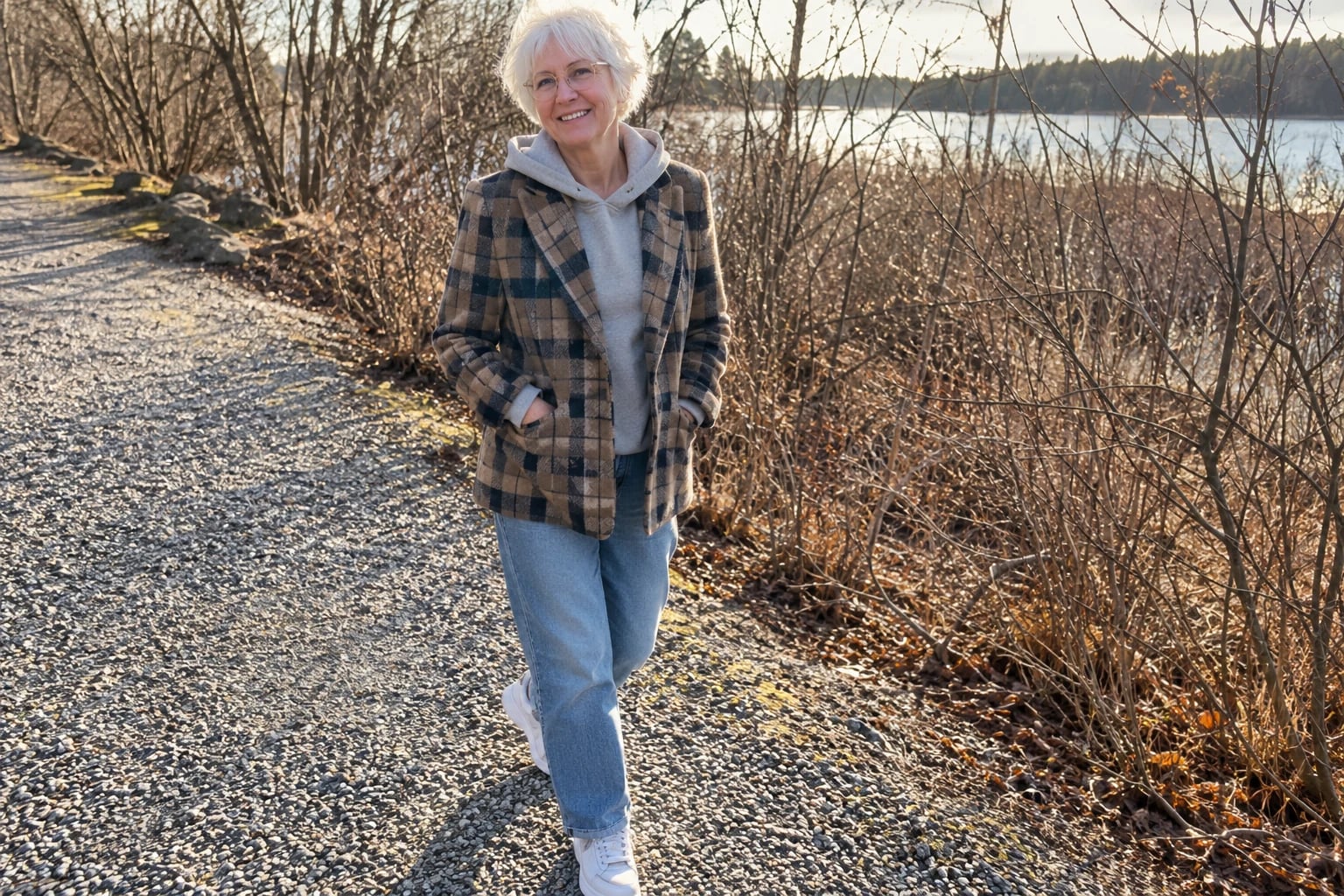 A woman with short white hair walks a gravel path in a check blazer, grey hoodie, jeans and white sneakers.