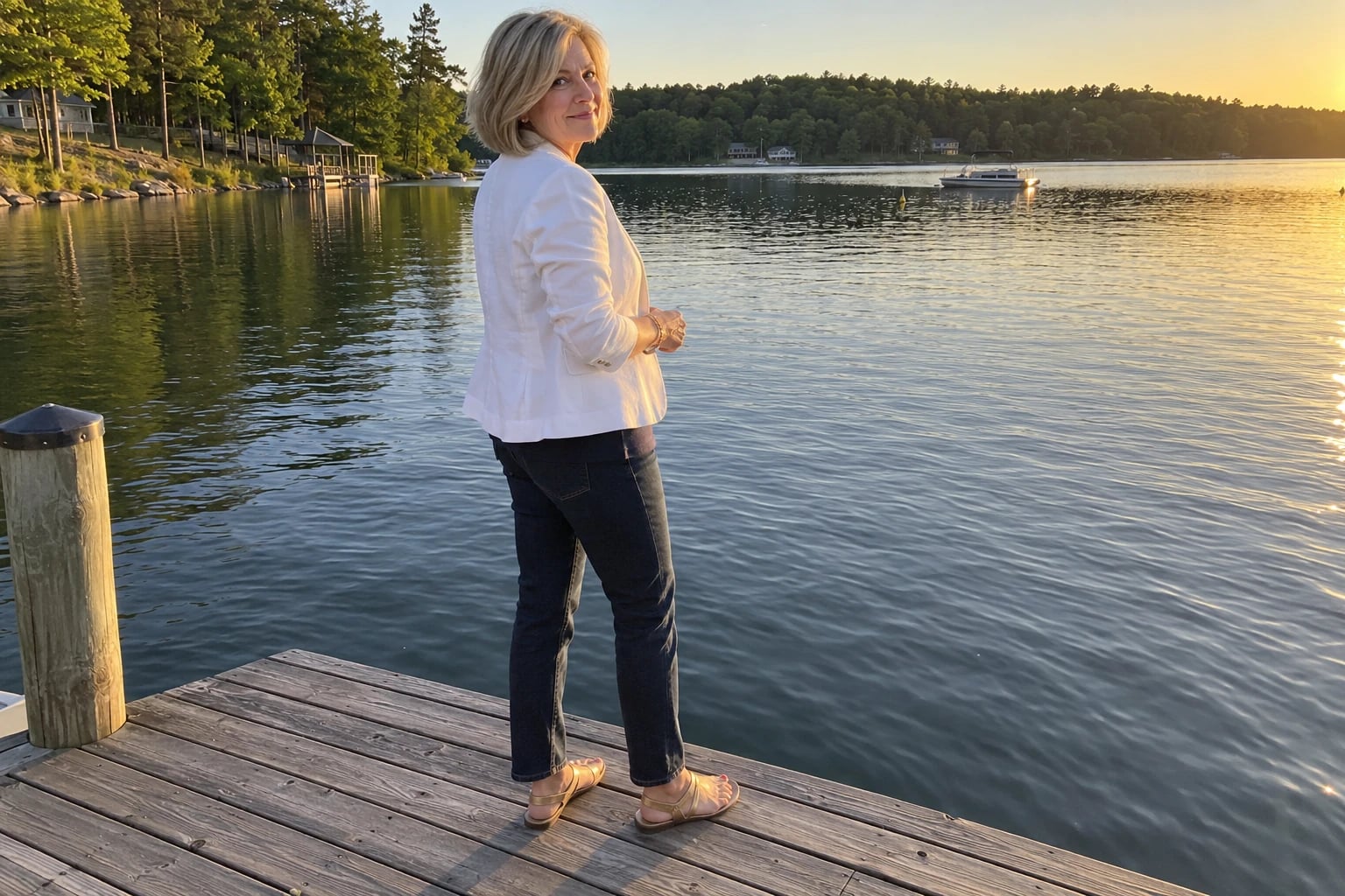 A woman in her late fifties stands on a lake dock at sunset in a white blazer, dark jeans and gold sandals.