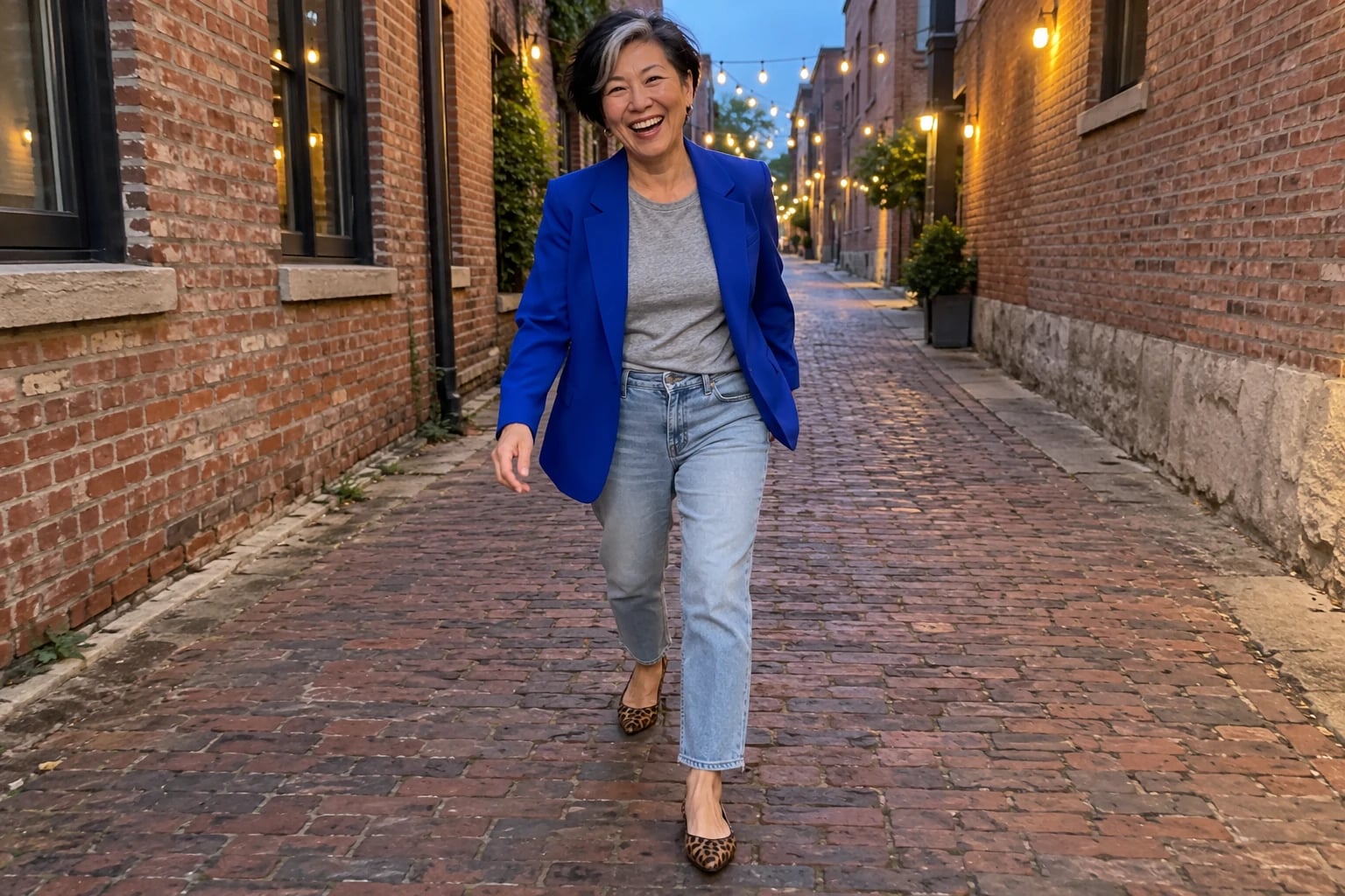 A smiling woman in her sixties walks a brick alley in a cobalt blazer, grey tee, jeans and leopard flats.