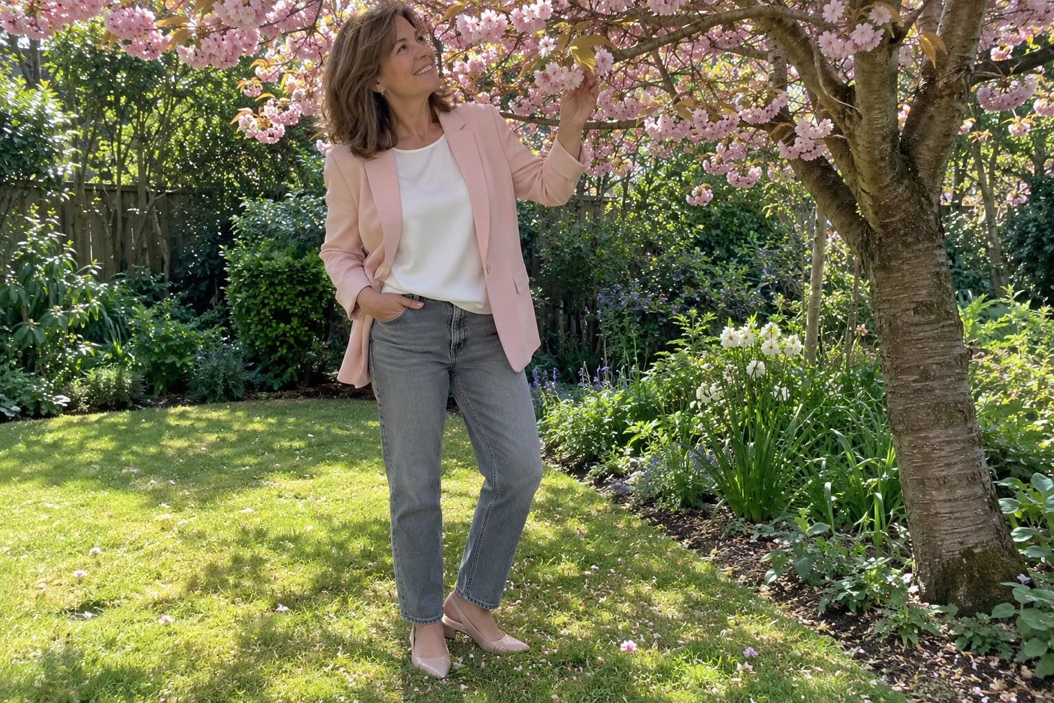 A woman in her fifties touches cherry blossoms, wearing a blush pink blazer with grey jeans and nude slingbacks.