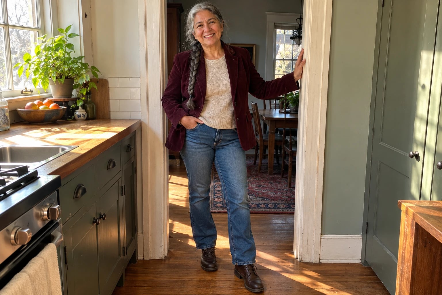 A woman in her sixties with a long braid stands smiling in a sunlit farmhouse kitchen doorway, wearing a burgundy corduroy blazer, oatmeal sweater, bootcut jeans and brown ankle boots.