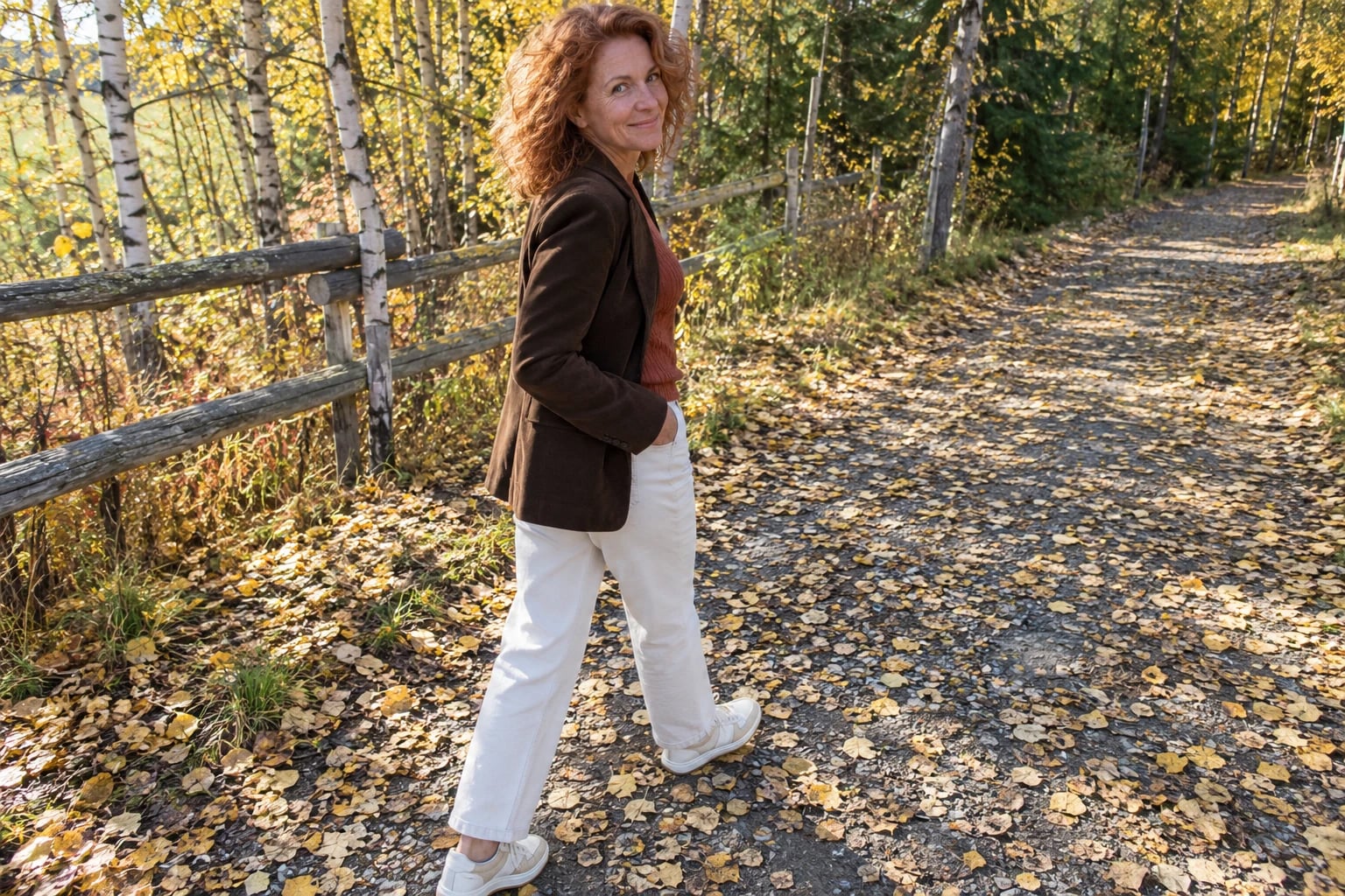 A woman in her fifties with curly red hair walks a leaf-strewn lane in a brown blazer and ecru jeans.