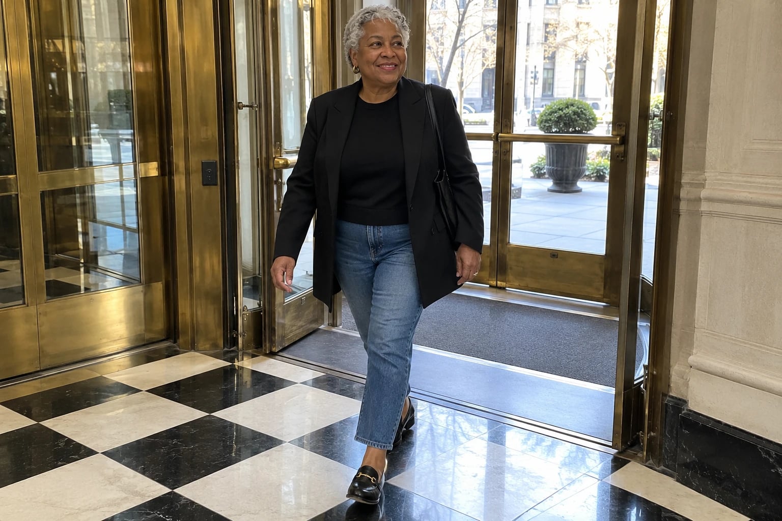 A woman in her mid-sixties walks through a tiled lobby in a black blazer, black top, cropped jeans and loafers.