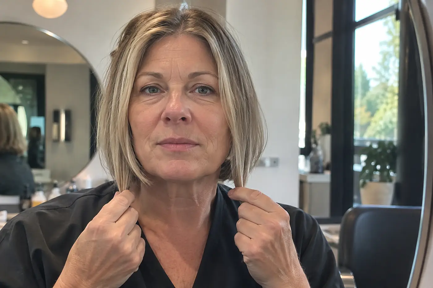 A woman compares the lengths of her bob’s front corners in a salon mirror.