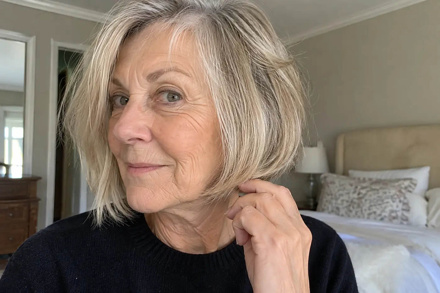 A woman holds her bob’s wispy ends against a dark sweater in her bedroom.