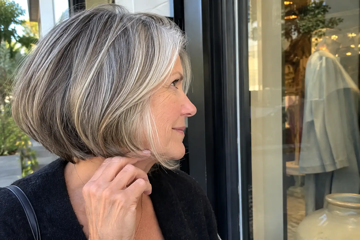 A woman turns her curved bob toward a shop window to see its side profile.