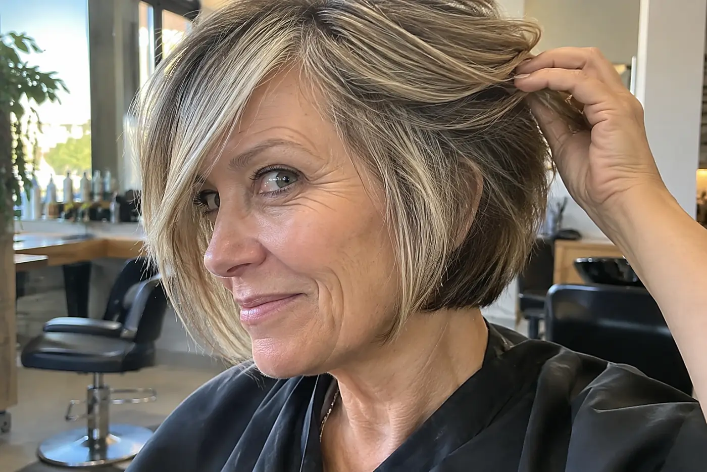 A woman lifts the top layer of her bob while standing beside a stylist’s chair.