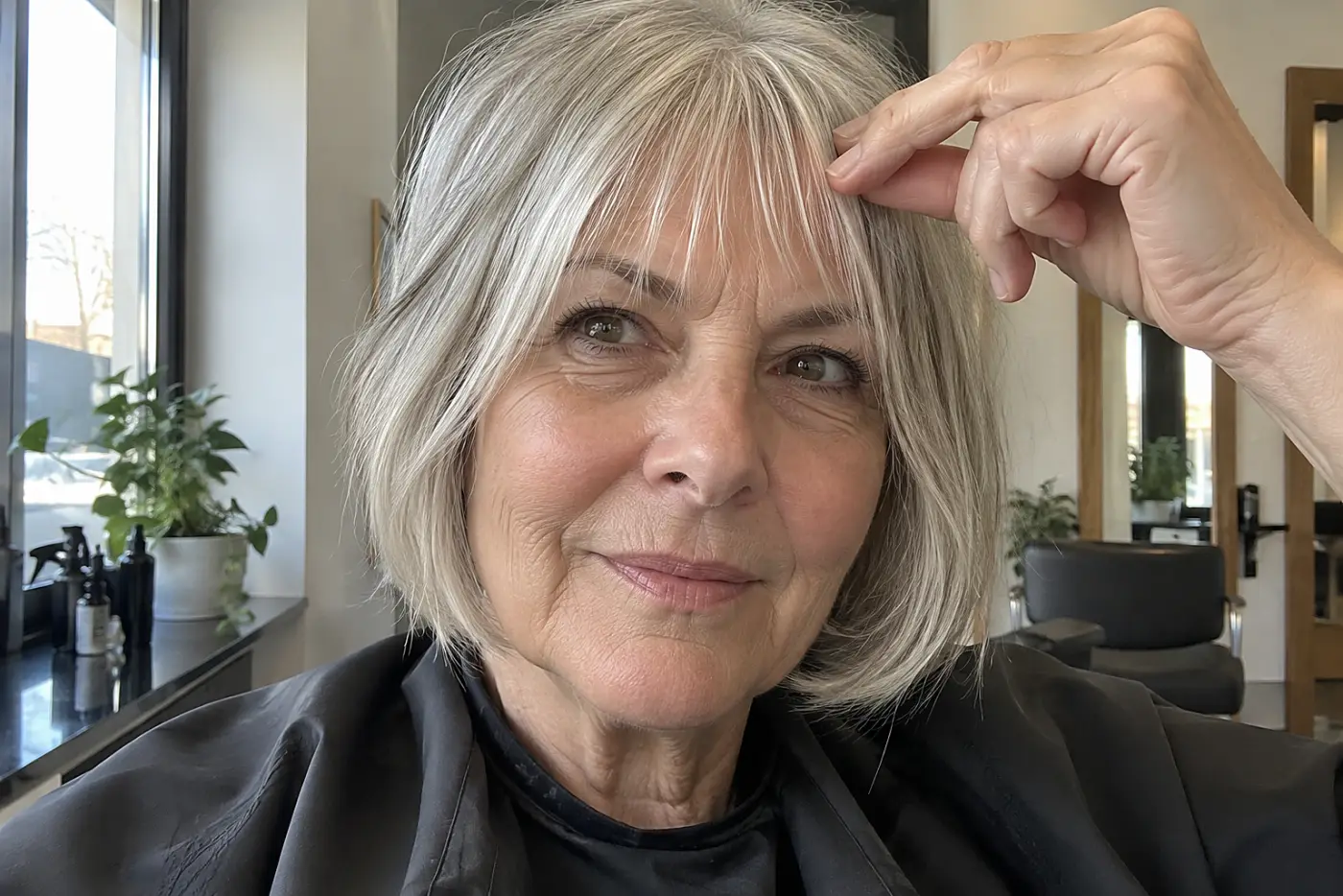 A woman separates a wispy fringe above her eyebrows in a salon mirror.