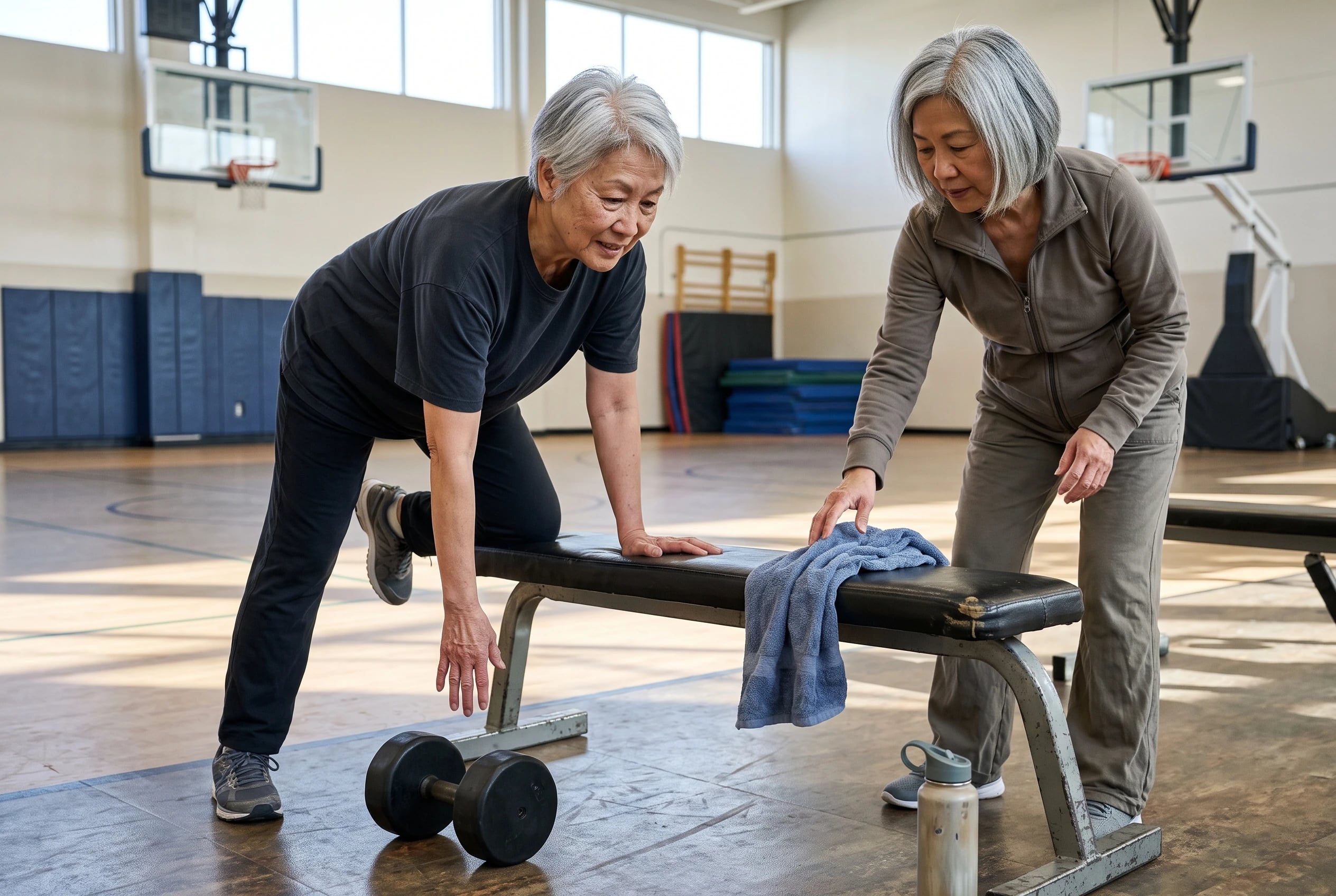 Woman preparing for a dumbbell row beside a bench in a recreation center gym.