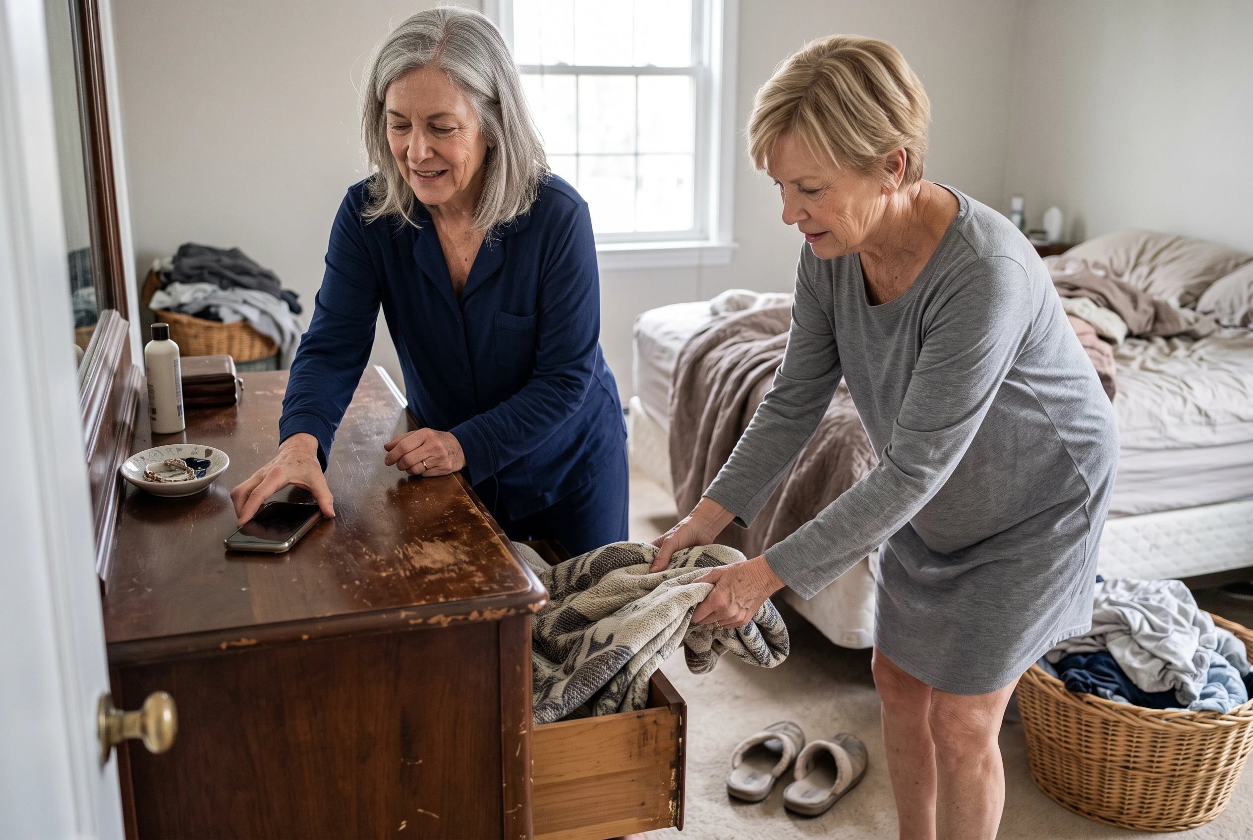 Woman placing her phone on a bedroom dresser before getting into bed.