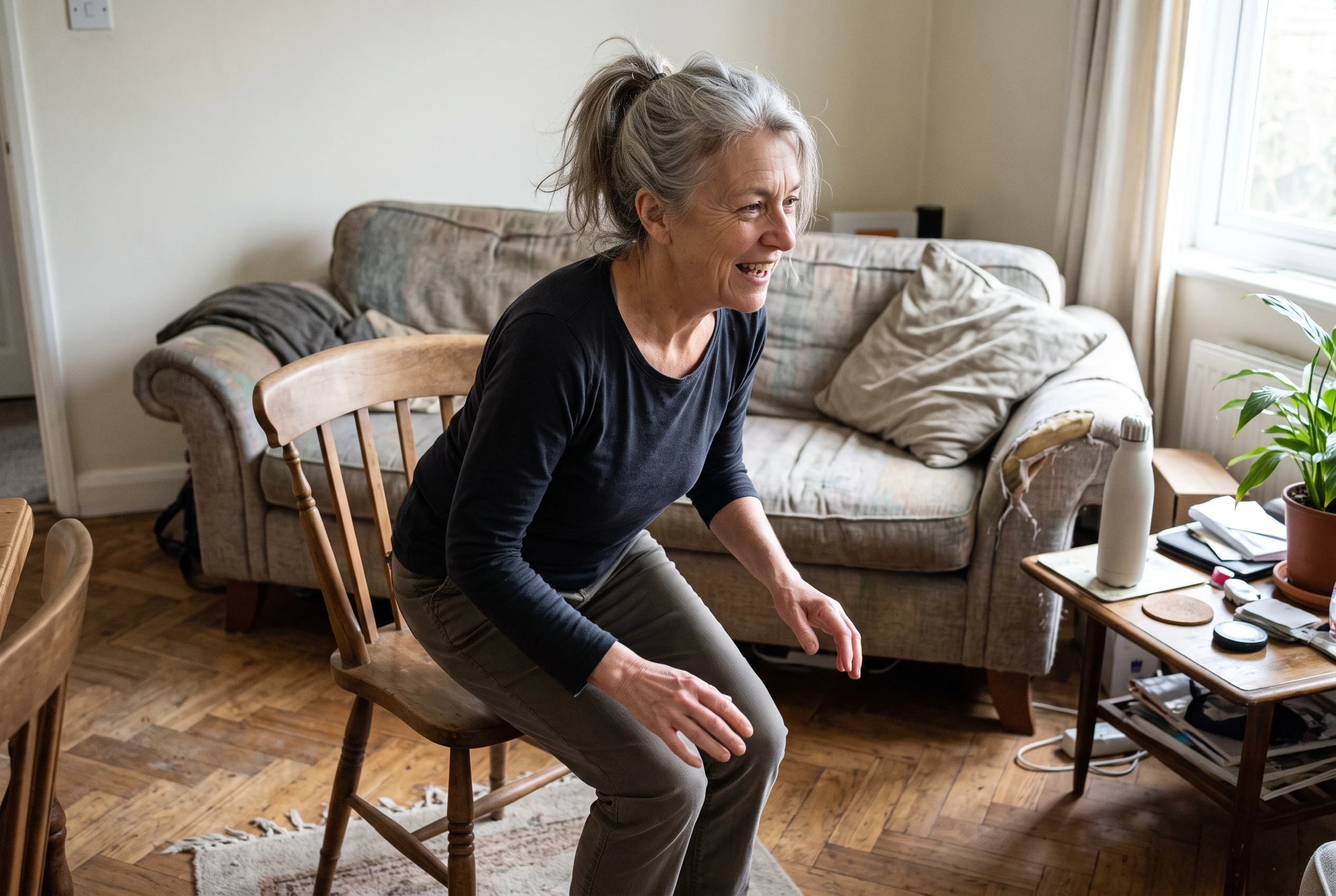Woman exhaling as she rises from a chair in her living room.